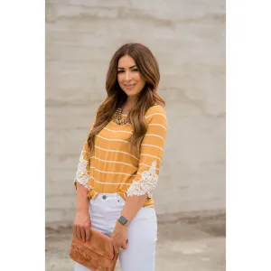 3/4 Sleeve Striped Lace Accent Tee