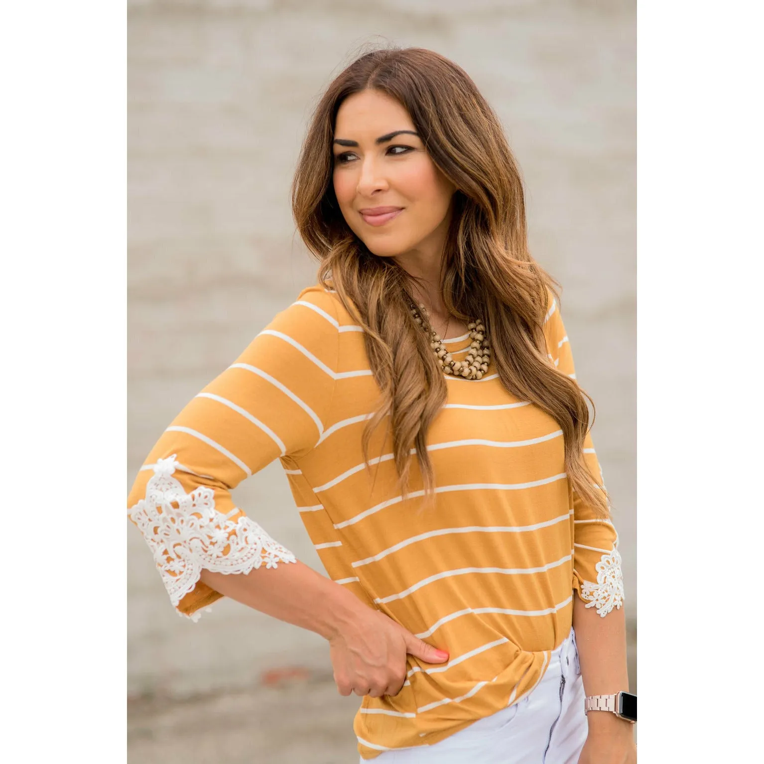 3/4 Sleeve Striped Lace Accent Tee