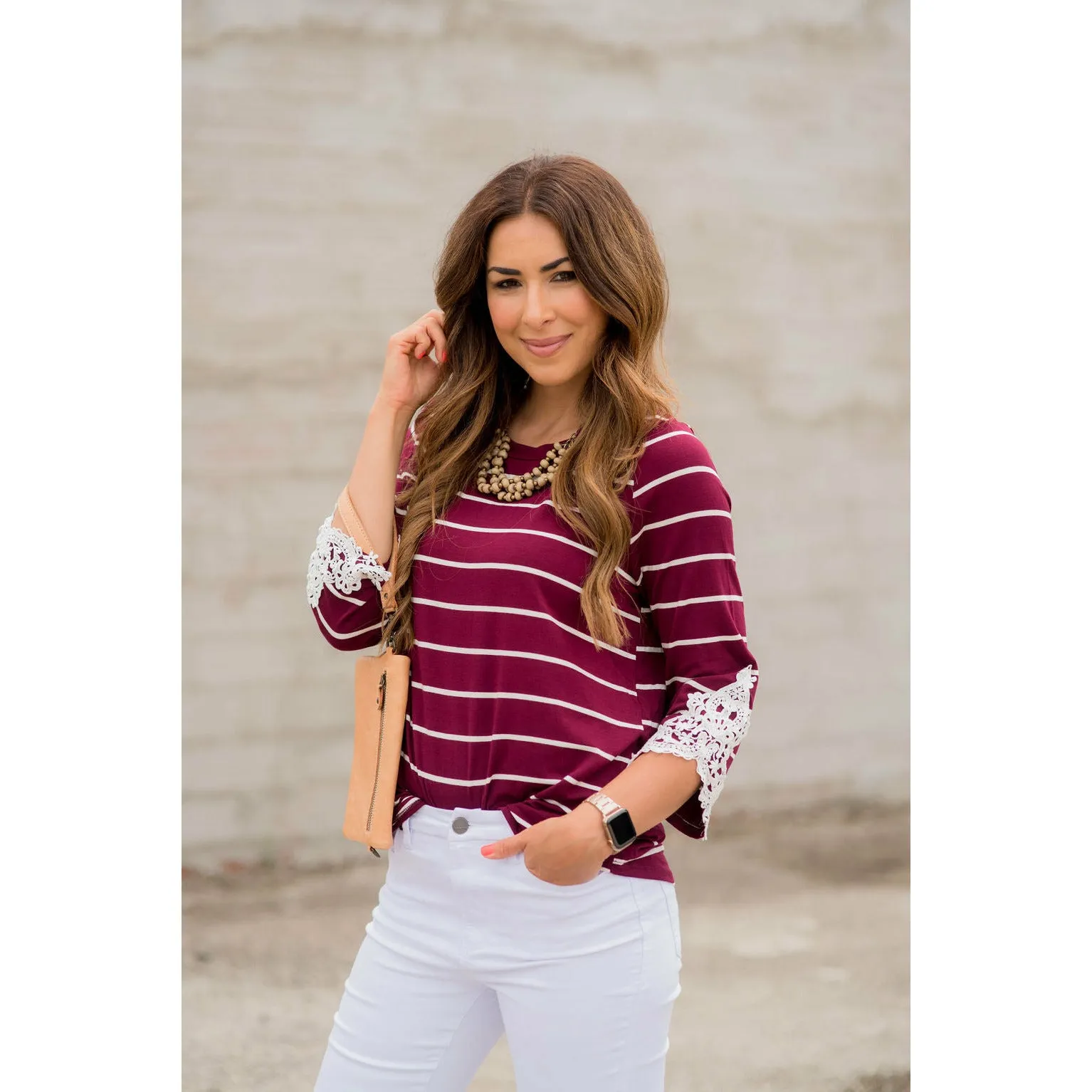 3/4 Sleeve Striped Lace Accent Tee