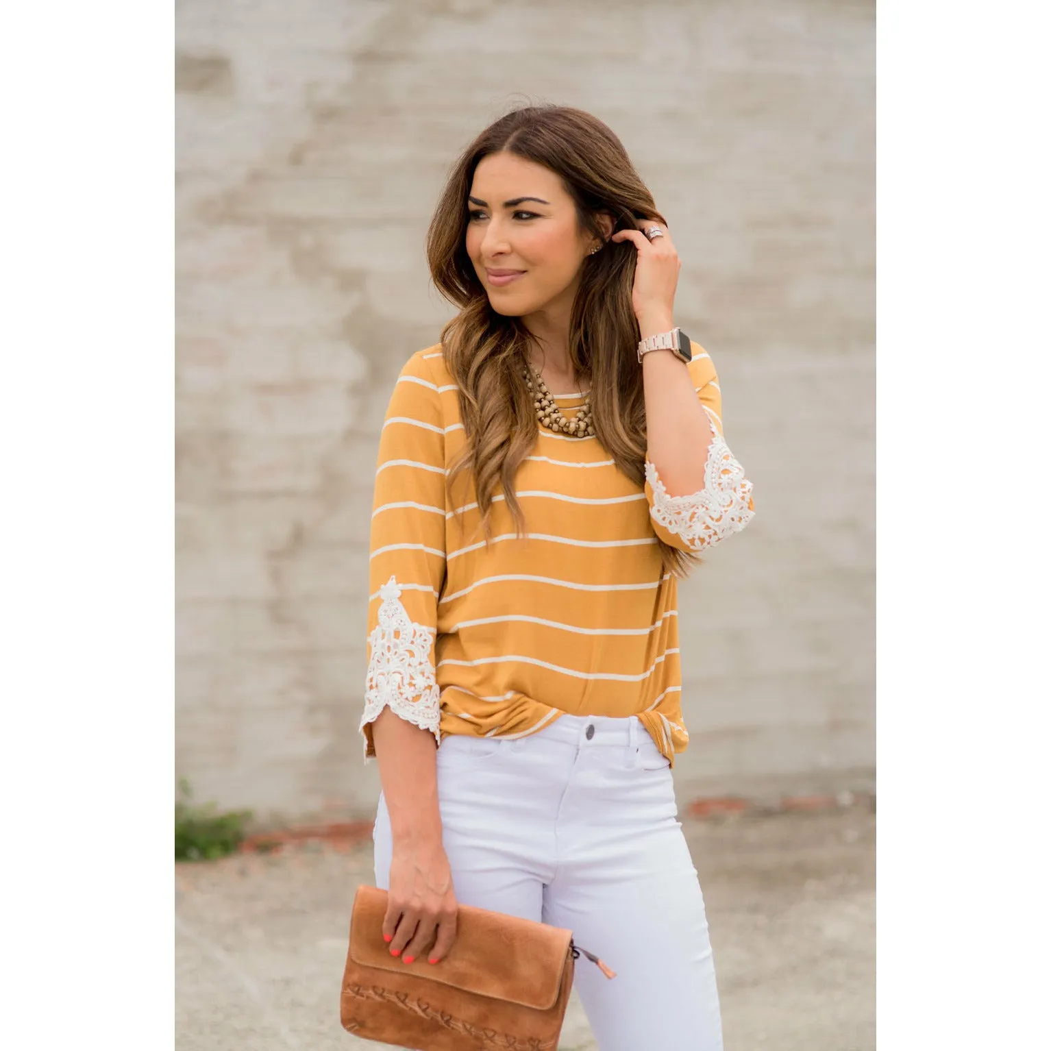 3/4 Sleeve Striped Lace Accent Tee