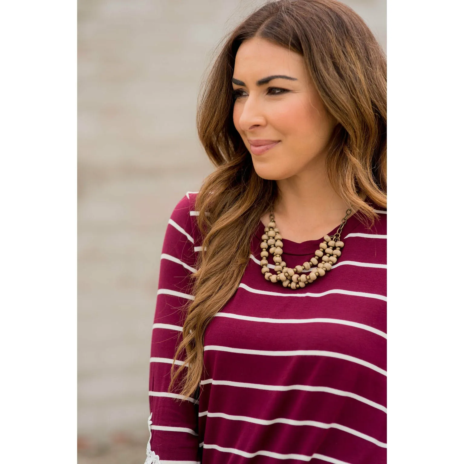 3/4 Sleeve Striped Lace Accent Tee