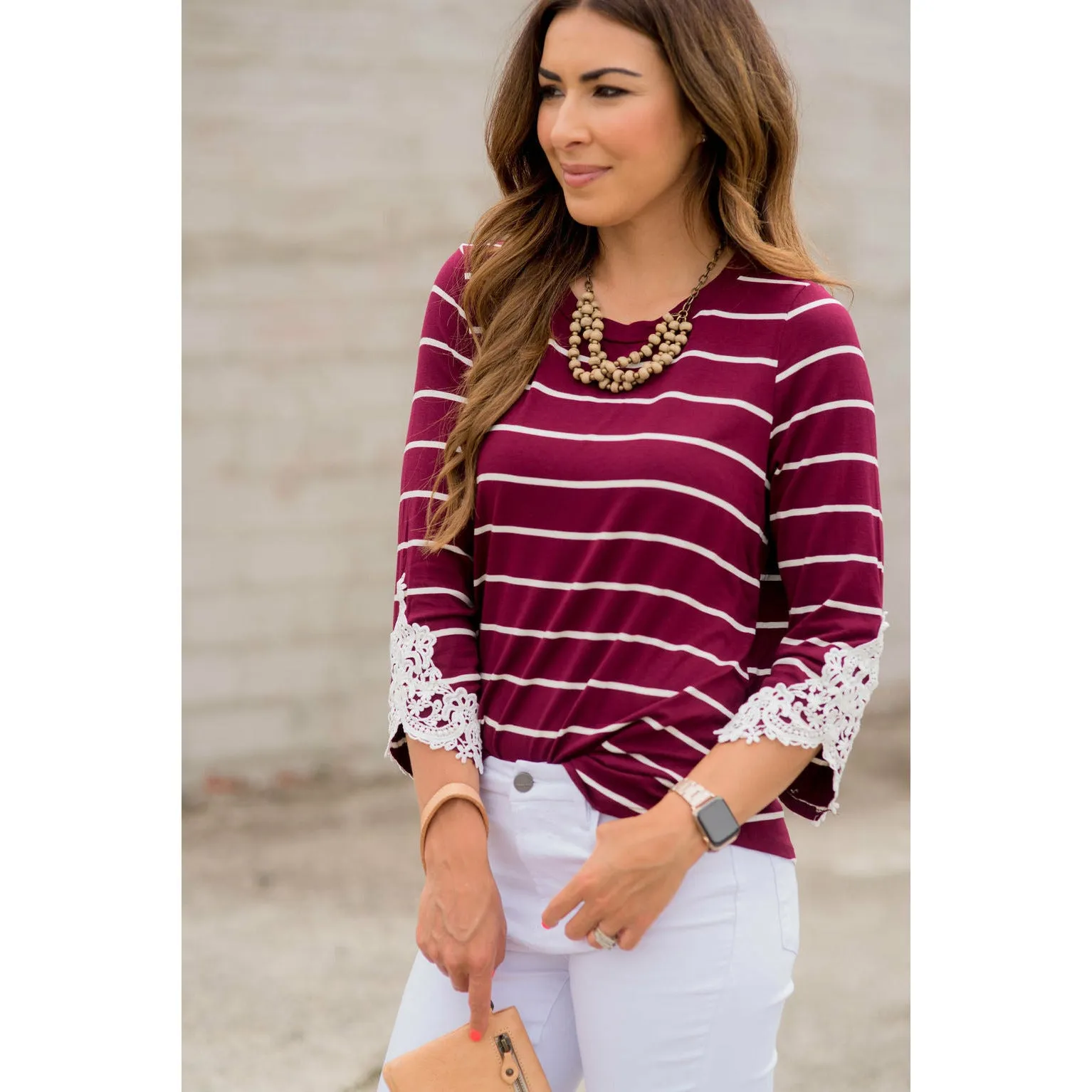 3/4 Sleeve Striped Lace Accent Tee
