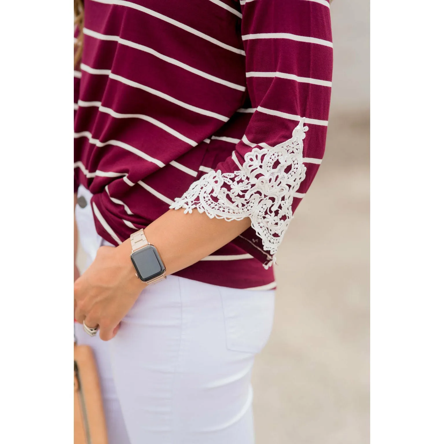 3/4 Sleeve Striped Lace Accent Tee