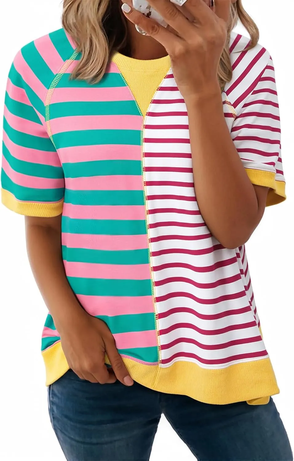 Acelitt Womens Casual Summer Short Sleeve Crewneck Color Block Sweatshirts T-Shirts Tops, S-XXL