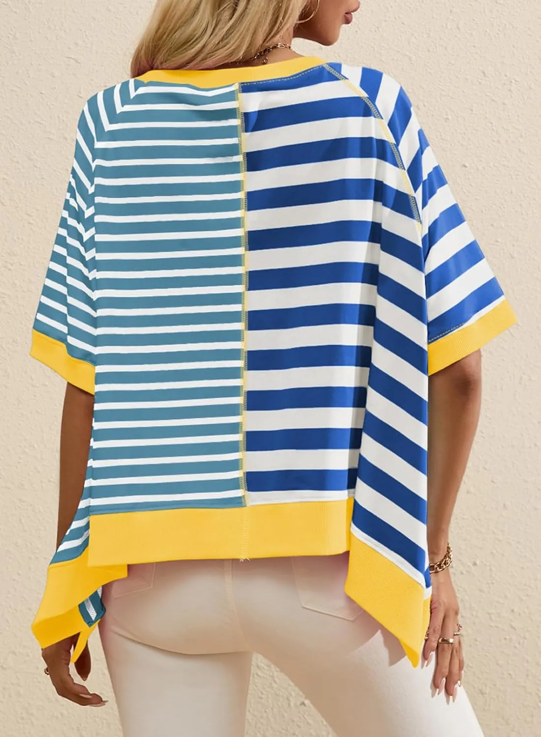 Acelitt Womens Casual Summer Short Sleeve Crewneck Color Block Sweatshirts T-Shirts Tops, S-XXL
