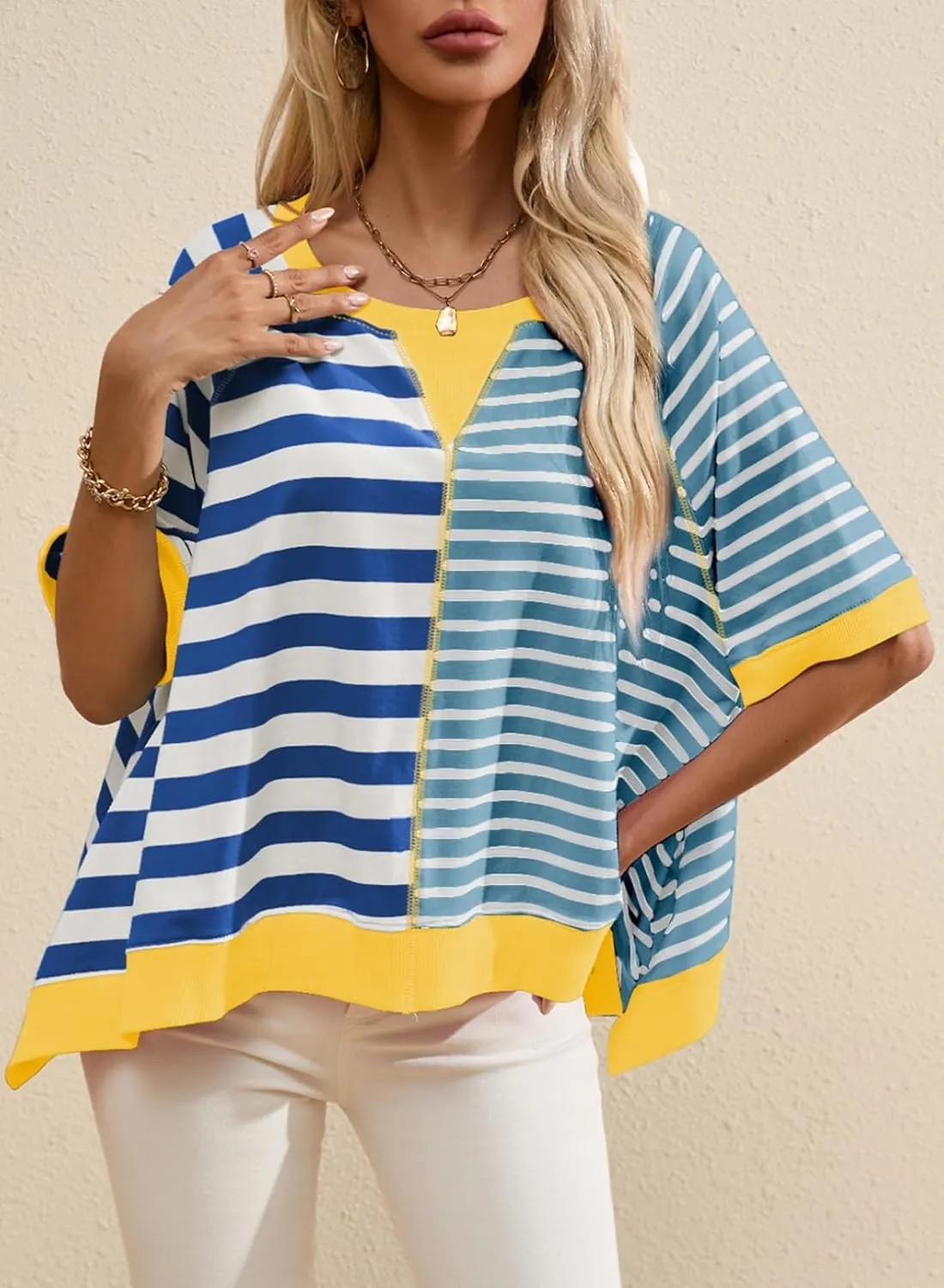 Acelitt Womens Casual Summer Short Sleeve Crewneck Color Block Sweatshirts T-Shirts Tops, S-XXL