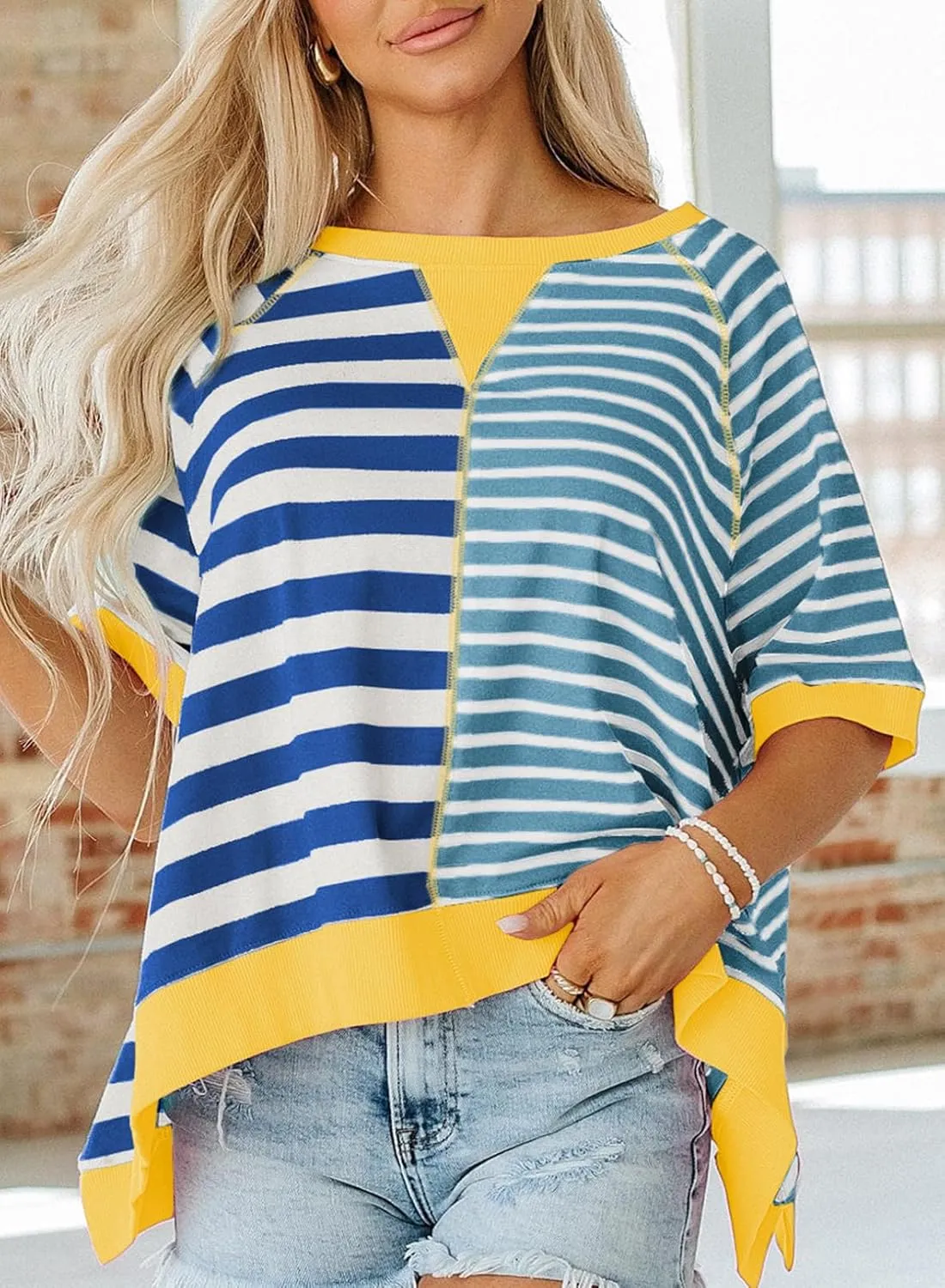 Acelitt Womens Casual Summer Short Sleeve Crewneck Color Block Sweatshirts T-Shirts Tops, S-XXL