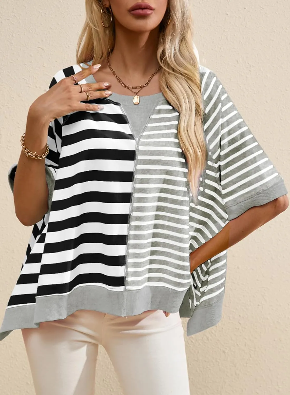 Acelitt Womens Casual Summer Short Sleeve Crewneck Color Block Sweatshirts T-Shirts Tops, S-XXL