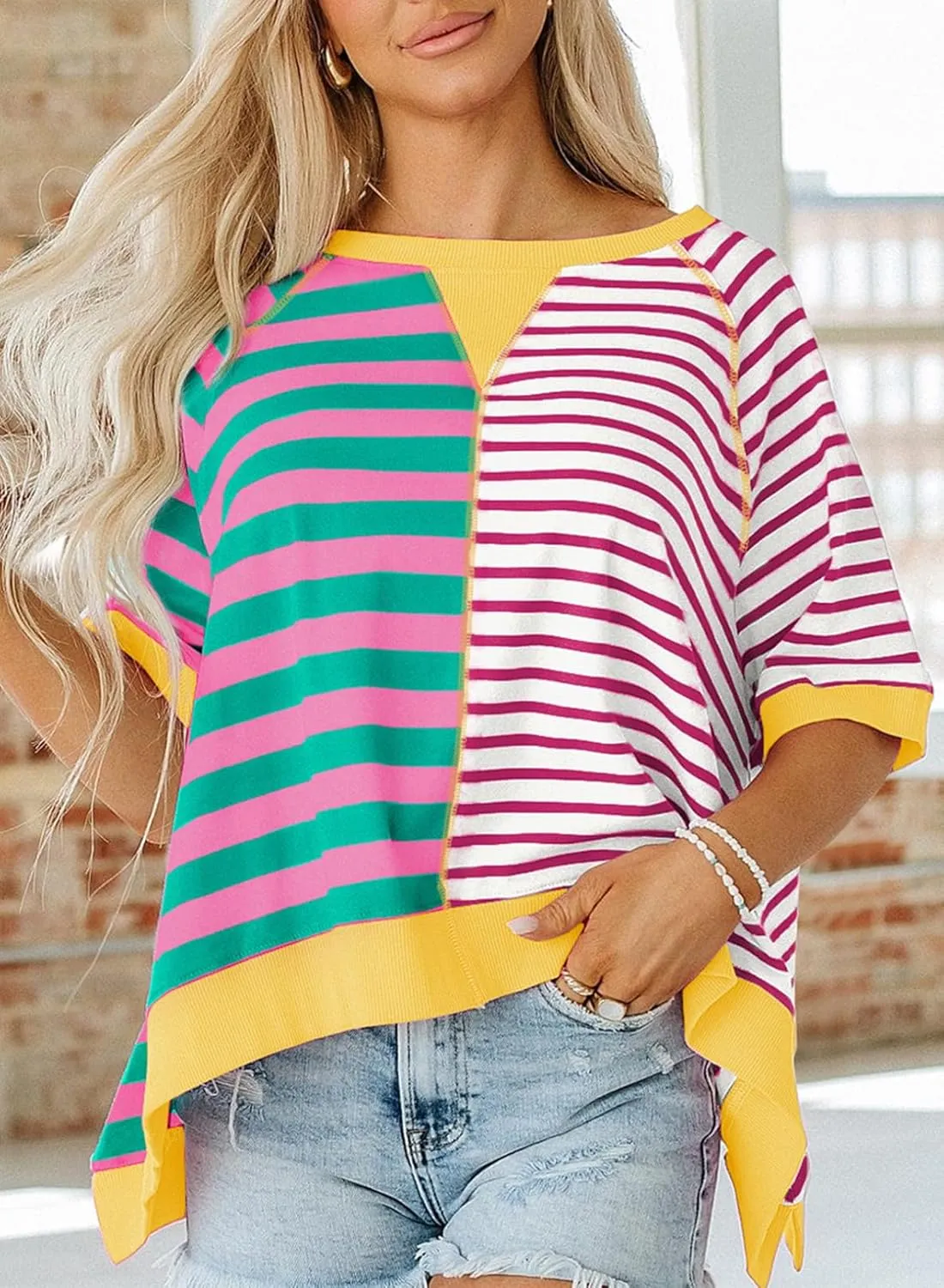 Acelitt Womens Casual Summer Short Sleeve Crewneck Color Block Sweatshirts T-Shirts Tops, S-XXL