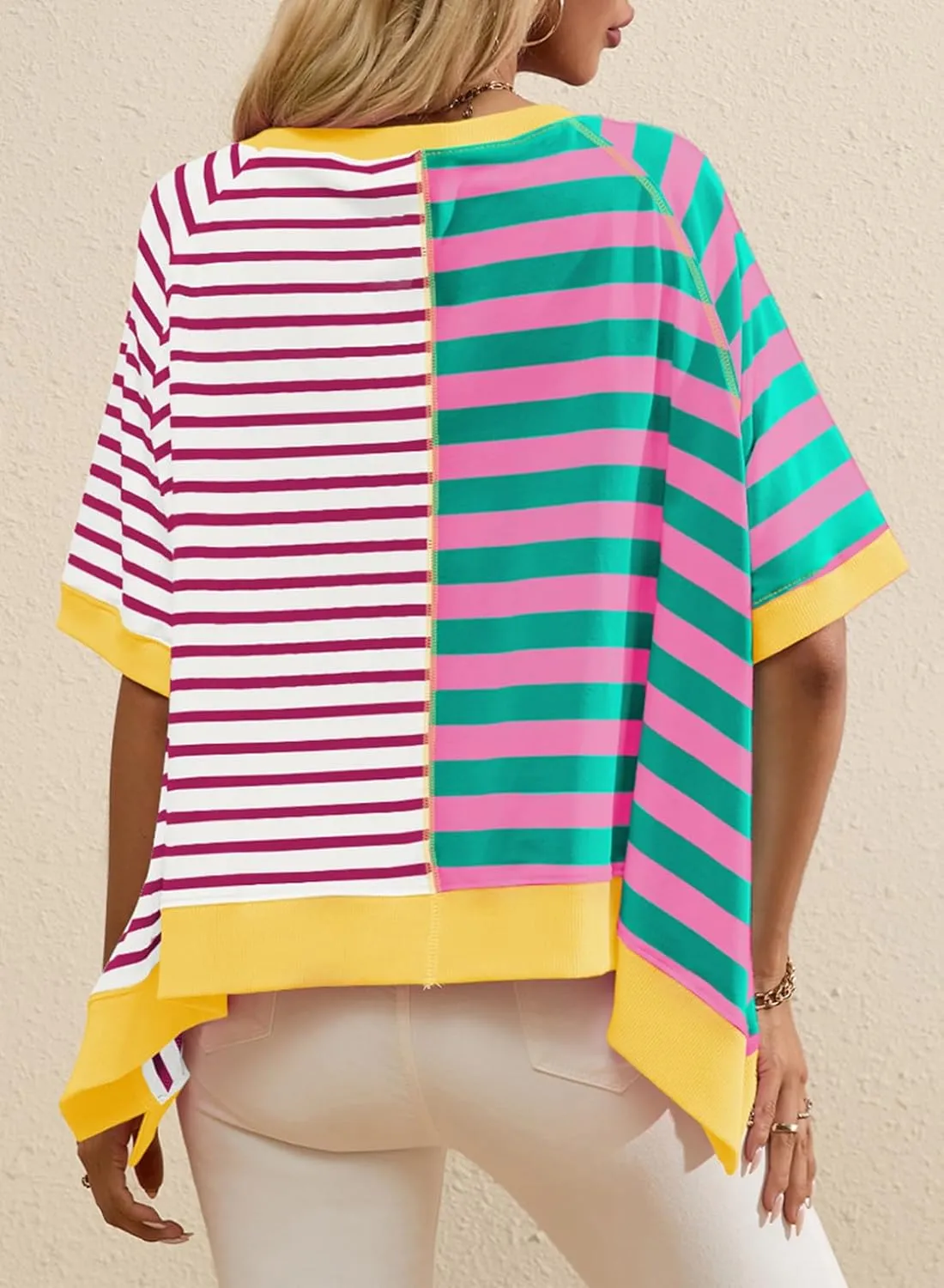Acelitt Womens Casual Summer Short Sleeve Crewneck Color Block Sweatshirts T-Shirts Tops, S-XXL