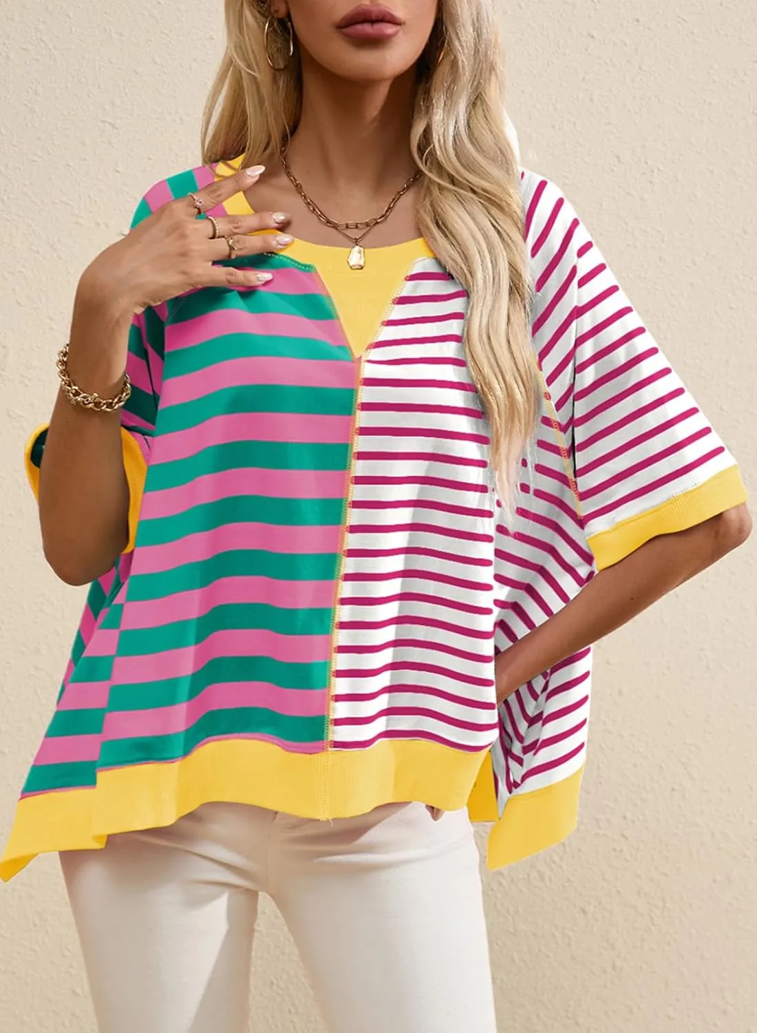 Acelitt Womens Casual Summer Short Sleeve Crewneck Color Block Sweatshirts T-Shirts Tops, S-XXL
