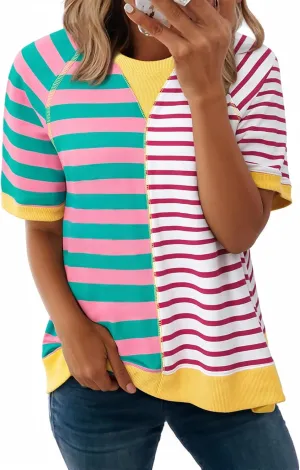 Acelitt Womens Casual Summer Short Sleeve Crewneck Color Block Sweatshirts T-Shirts Tops, S-XXL