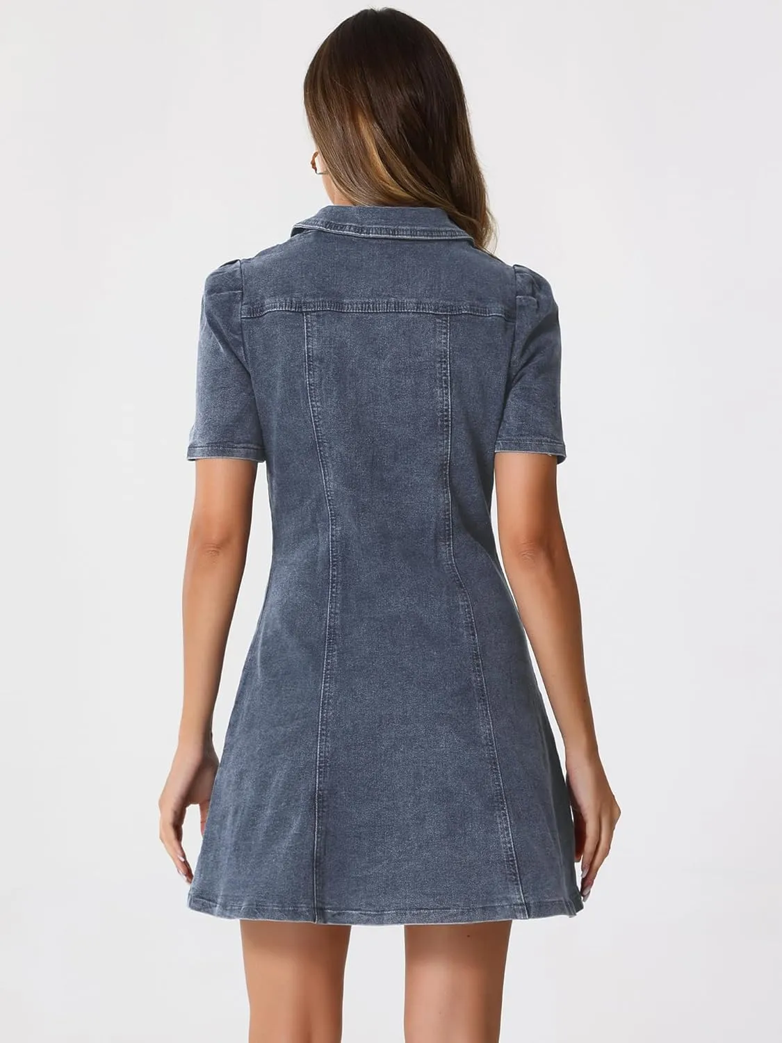 Allegra K Women's Collared Button Down Short Sleeve Vintage Jean Demin Dress