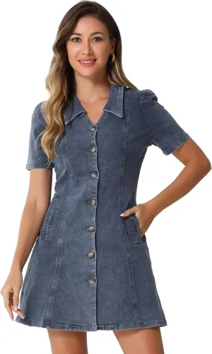Allegra K Women's Collared Button Down Short Sleeve Vintage Jean Demin Dress