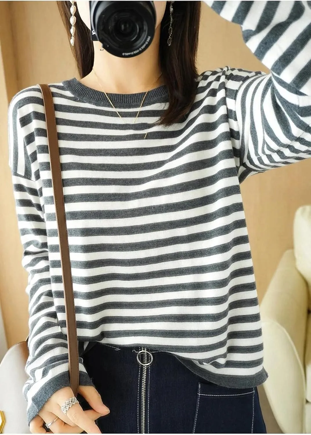Autumn Winter Cashmere Sweater O-Neck Pullover Women's Striped Casual Long-Sleeved Loose Cashmere Sweater
