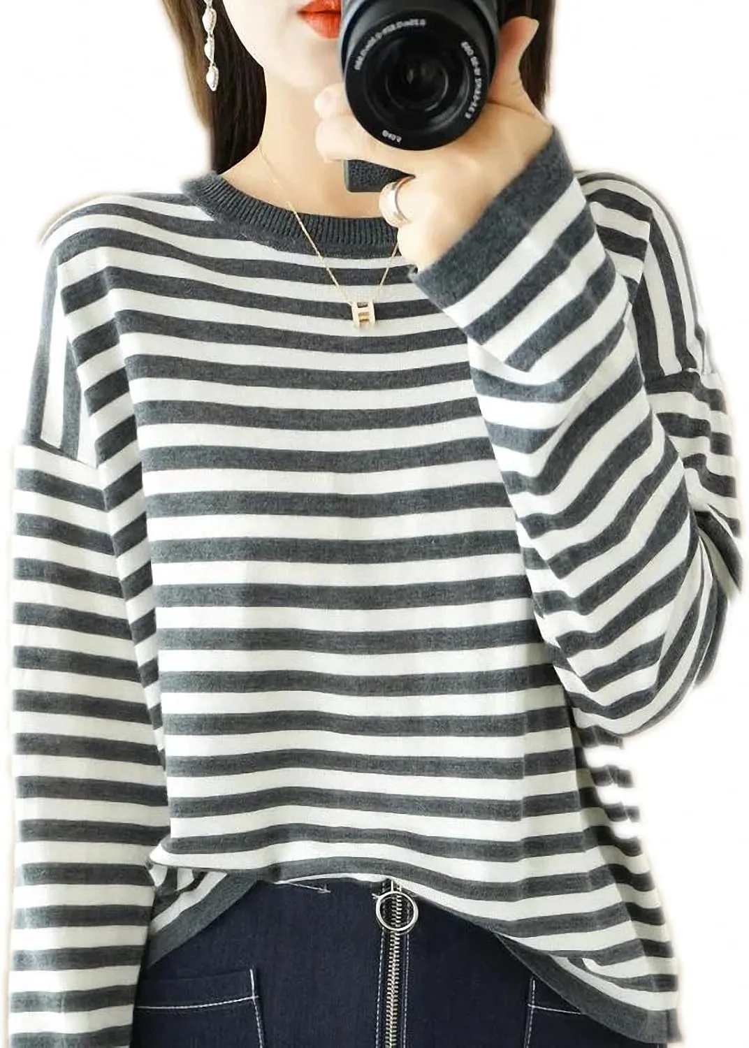Autumn Winter Cashmere Sweater O-Neck Pullover Women's Striped Casual Long-Sleeved Loose Cashmere Sweater