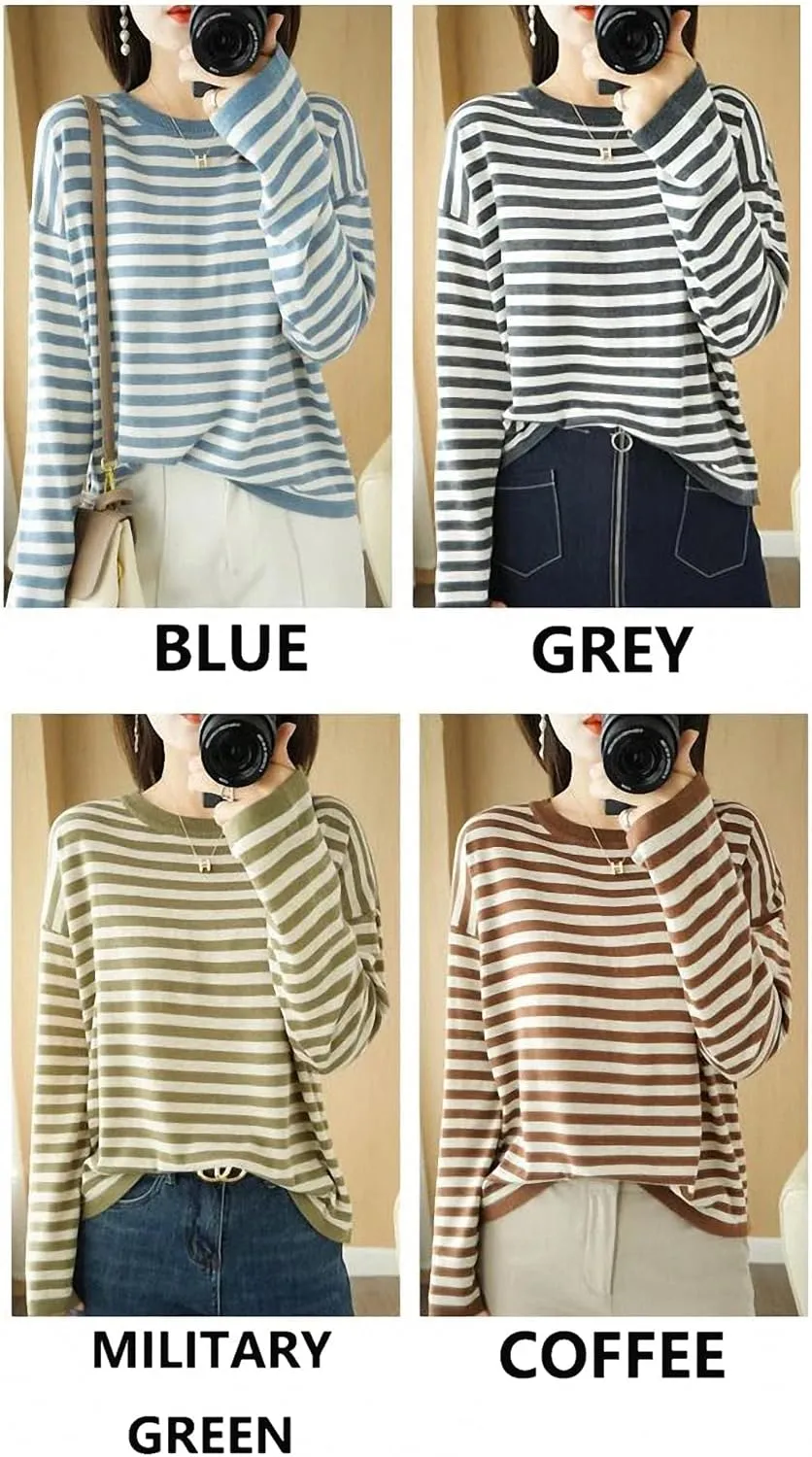 Autumn Winter Cashmere Sweater O-Neck Pullover Women's Striped Casual Long-Sleeved Loose Cashmere Sweater