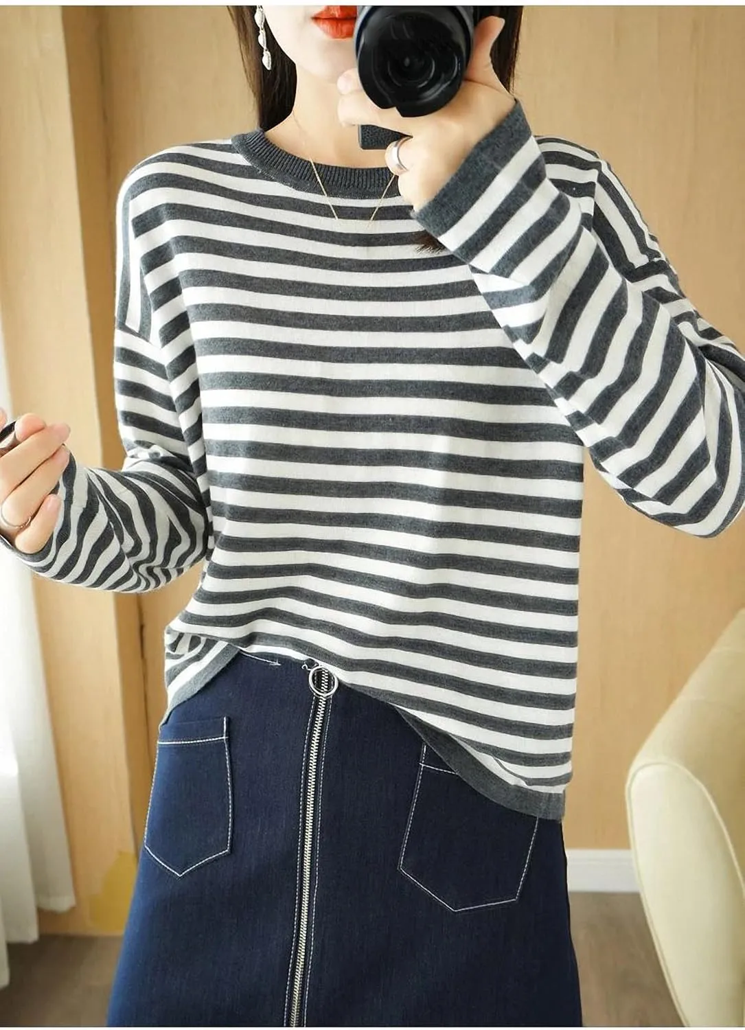 Autumn Winter Cashmere Sweater O-Neck Pullover Women's Striped Casual Long-Sleeved Loose Cashmere Sweater