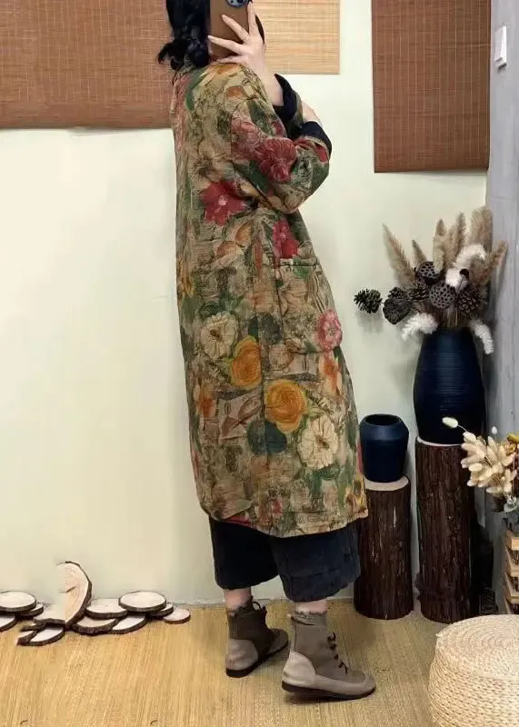 Bohemian Green Pockets Print Chinese Button Fine Cotton Filled Coat Winter ML2724