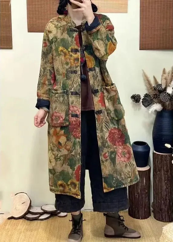 Bohemian Green Pockets Print Chinese Button Fine Cotton Filled Coat Winter ML2724