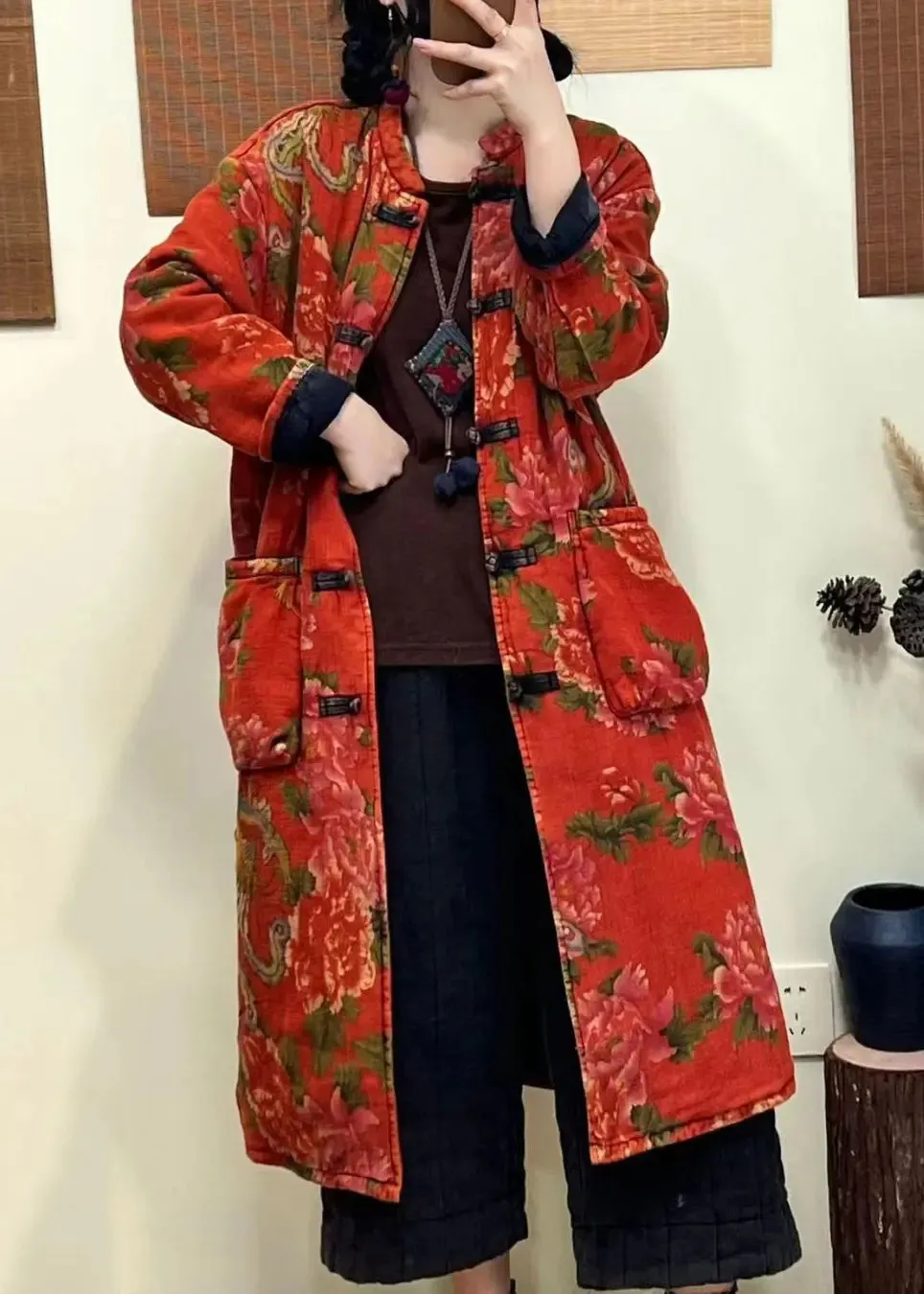 Bohemian Green Pockets Print Chinese Button Fine Cotton Filled Coat Winter ML2724