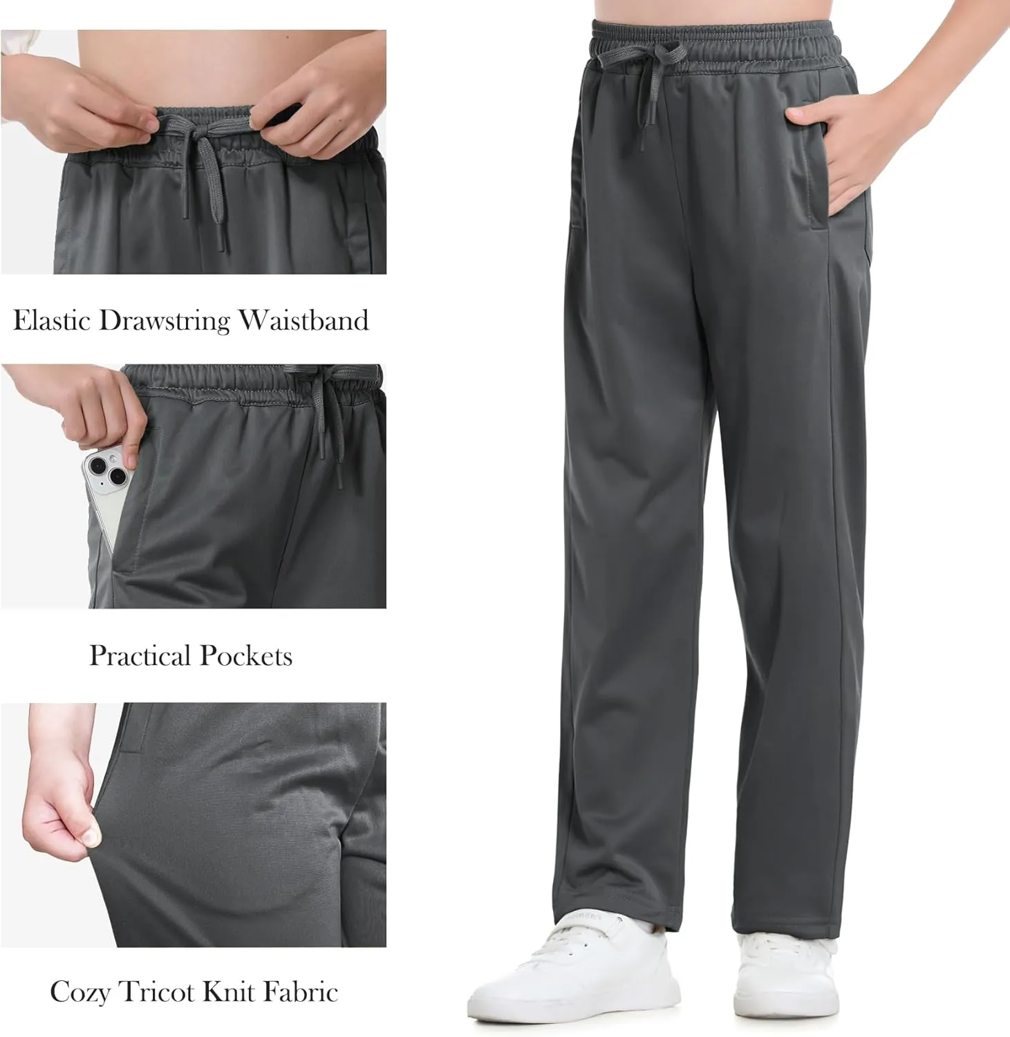 Boys Sweatpants Straight Leg Fit, Boy Athletic Joggers with Open Bottom and Drawstring Pockets for Sports Outdoors