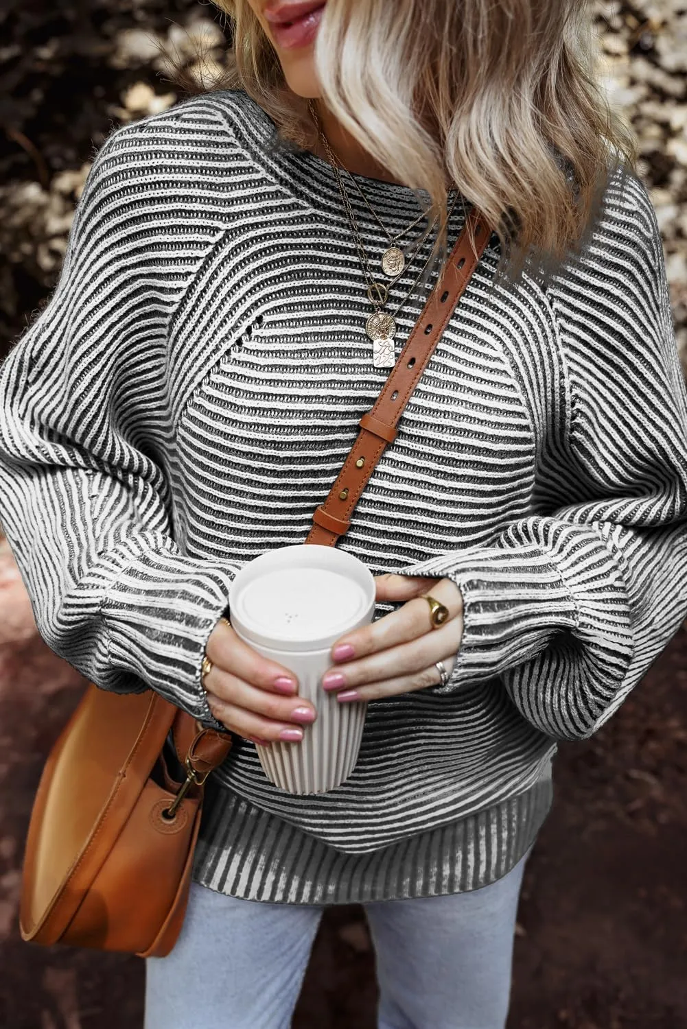 EVALESS Striped Sweaters for Women Boat Neck Batwing Sleeve Oversized Pullover Sweater Tops Womens Fall Clothes Outfits