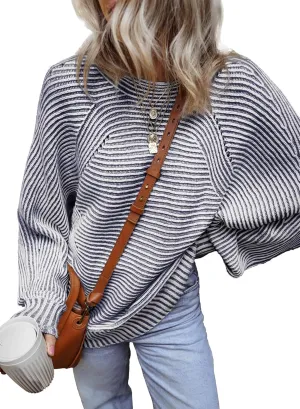 EVALESS Striped Sweaters for Women Boat Neck Batwing Sleeve Oversized Pullover Sweater Tops Womens Fall Clothes Outfits