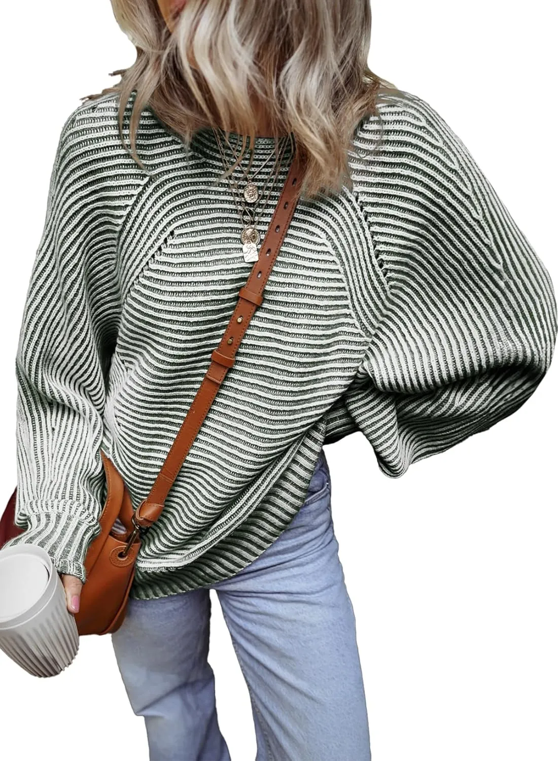 EVALESS Striped Sweaters for Women Boat Neck Batwing Sleeve Oversized Pullover Sweater Tops Womens Fall Clothes Outfits
