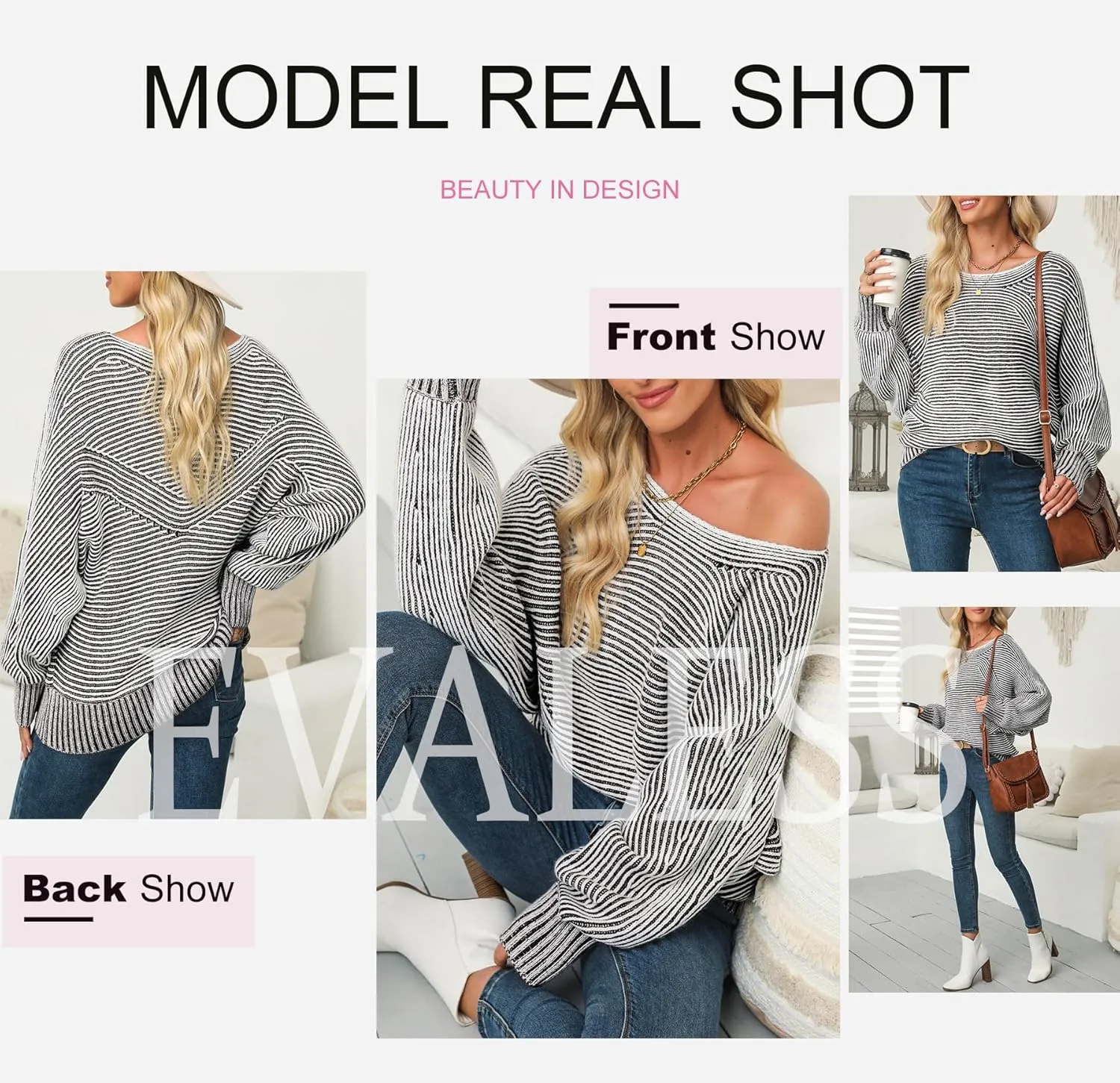 EVALESS Striped Sweaters for Women Boat Neck Batwing Sleeve Oversized Pullover Sweater Tops Womens Fall Clothes Outfits