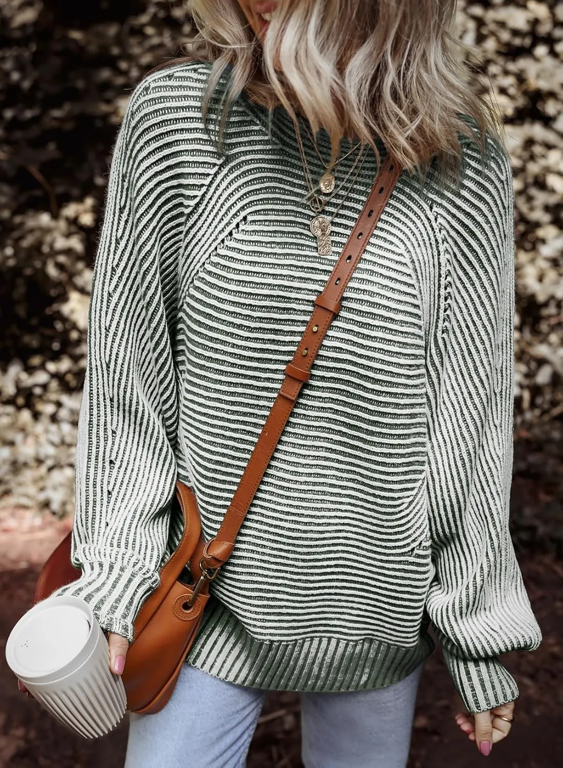 EVALESS Striped Sweaters for Women Boat Neck Batwing Sleeve Oversized Pullover Sweater Tops Womens Fall Clothes Outfits