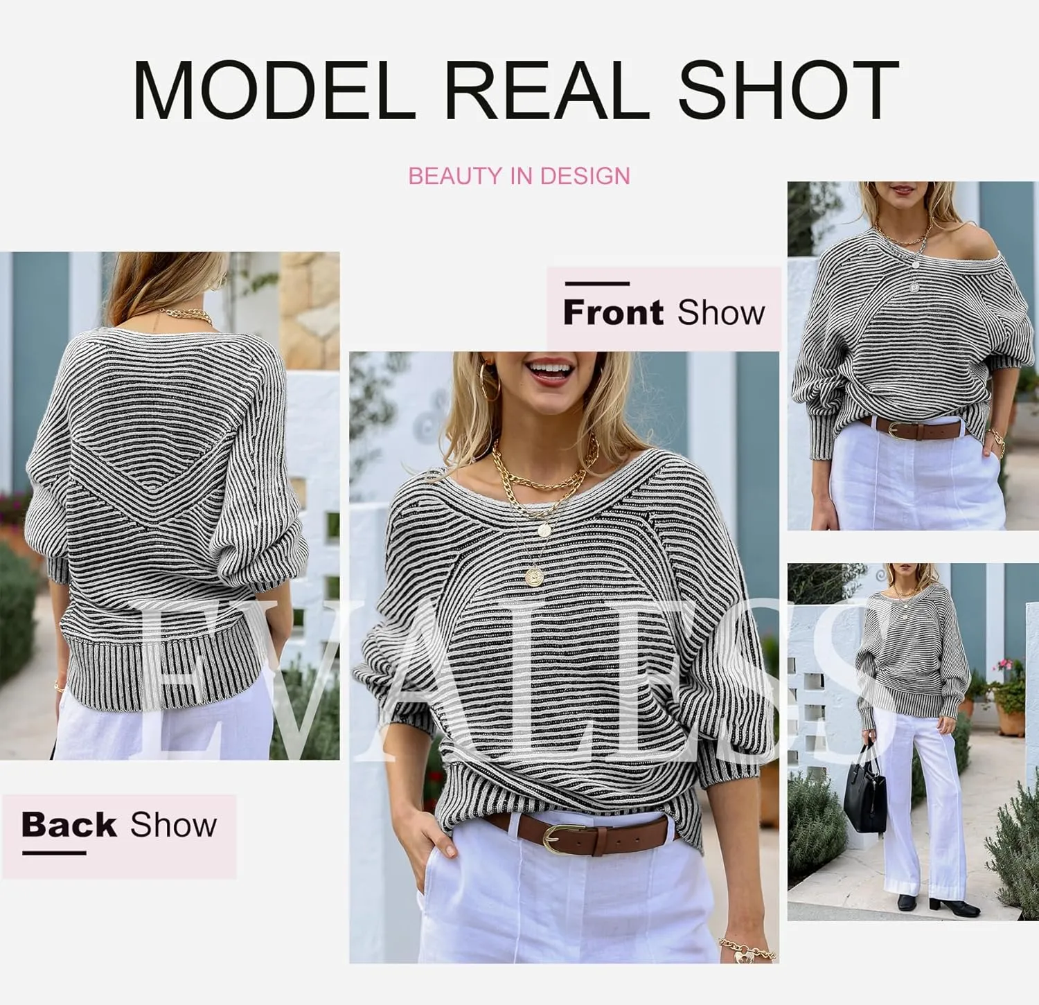 EVALESS Striped Sweaters for Women Boat Neck Batwing Sleeve Oversized Pullover Sweater Tops Womens Fall Clothes Outfits
