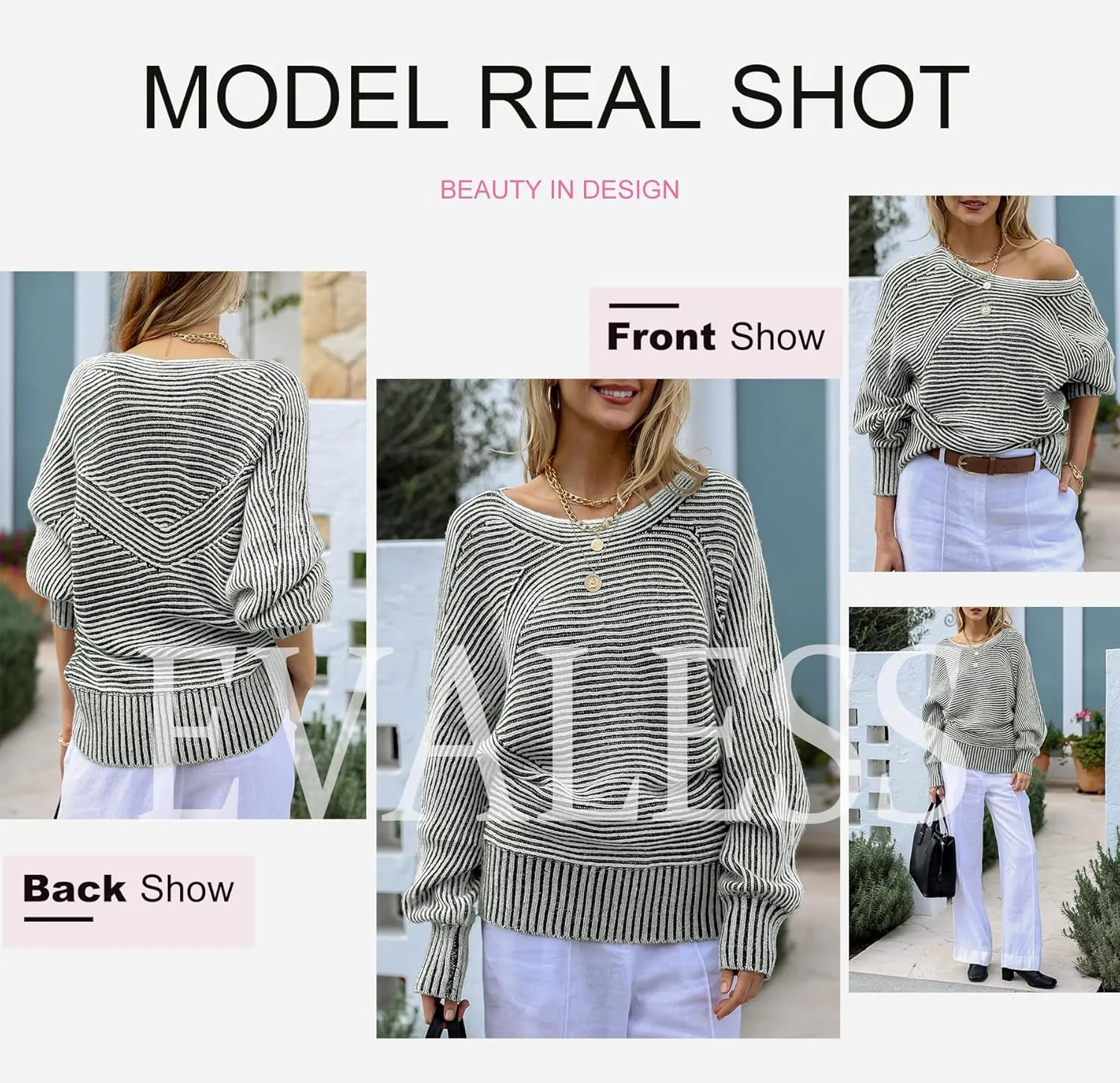 EVALESS Striped Sweaters for Women Boat Neck Batwing Sleeve Oversized Pullover Sweater Tops Womens Fall Clothes Outfits