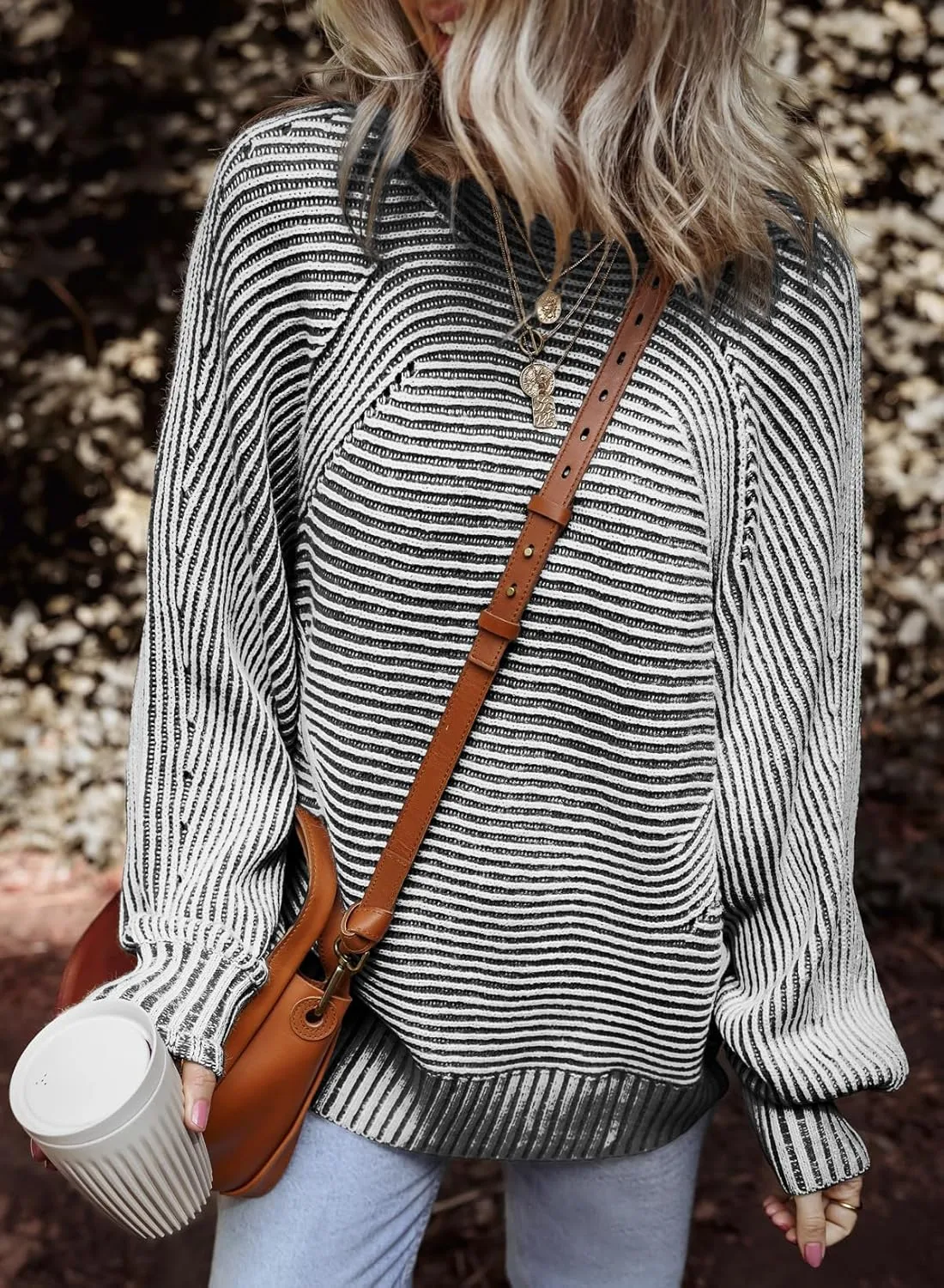 EVALESS Striped Sweaters for Women Boat Neck Batwing Sleeve Oversized Pullover Sweater Tops Womens Fall Clothes Outfits