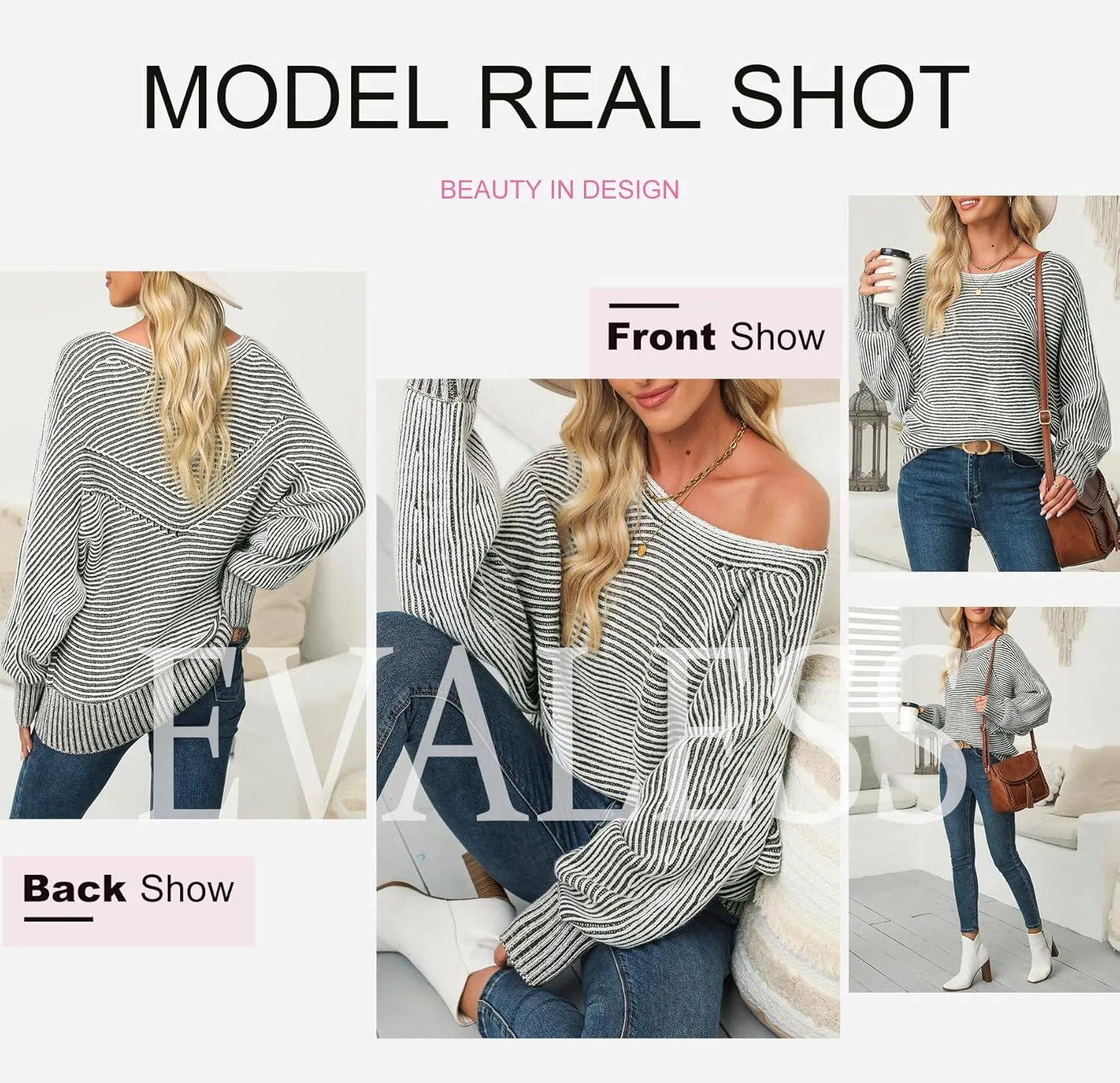 EVALESS Striped Sweaters for Women Boat Neck Batwing Sleeve Oversized Pullover Sweater Tops Womens Fall Clothes Outfits