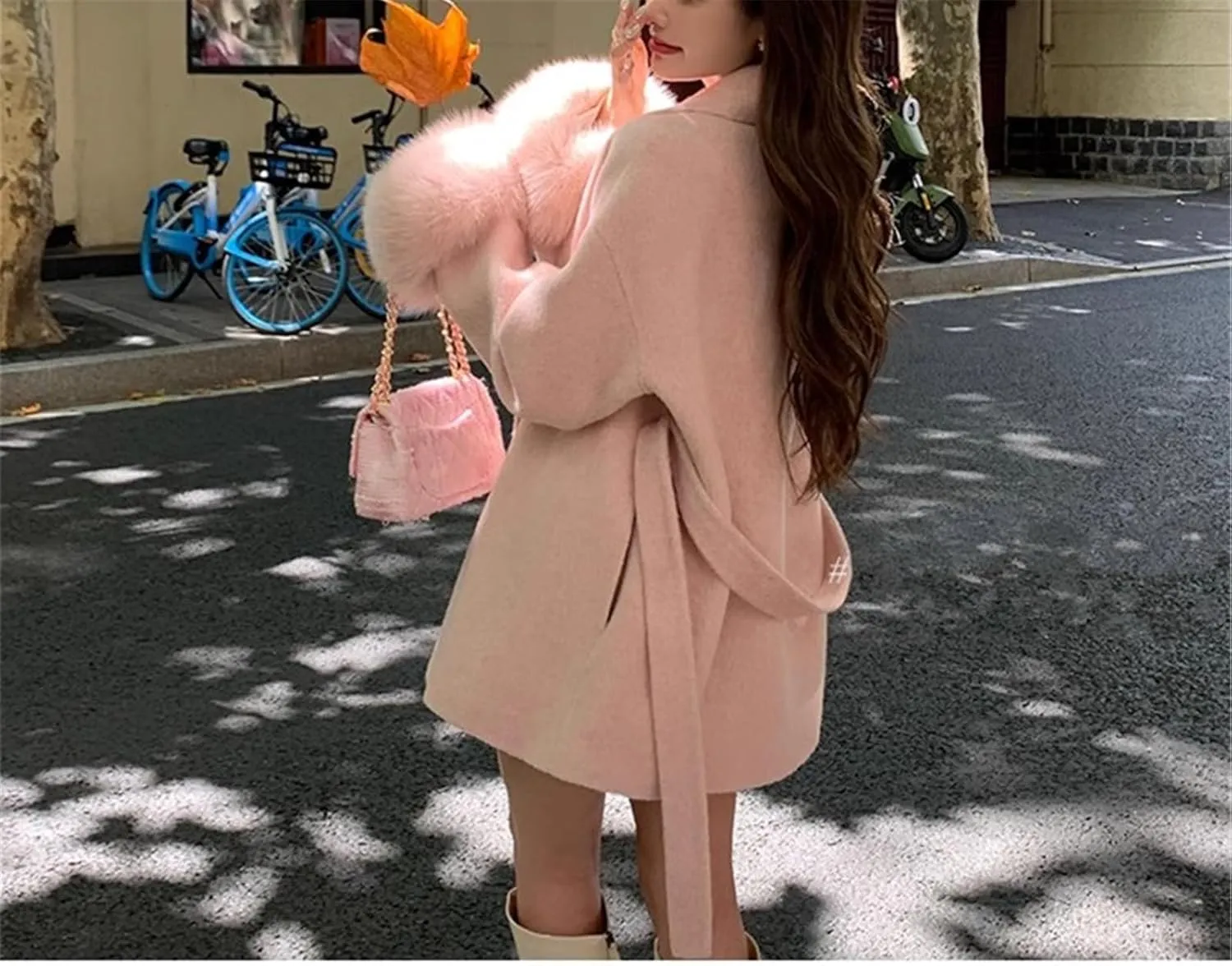 FURINFASHION D-34 Women's Cashmere Mid-Long Coat With Real Fox Fur Big Cuffs And Belt Comfortable Soft Wool Garment Jacket Double Sides Cashmere Fluffy Cape (L, Pink)