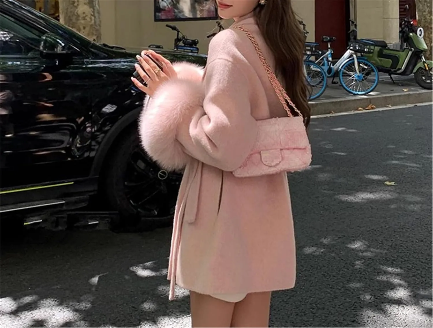 FURINFASHION D-34 Women's Cashmere Mid-Long Coat With Real Fox Fur Big Cuffs And Belt Comfortable Soft Wool Garment Jacket Double Sides Cashmere Fluffy Cape (L, Pink)