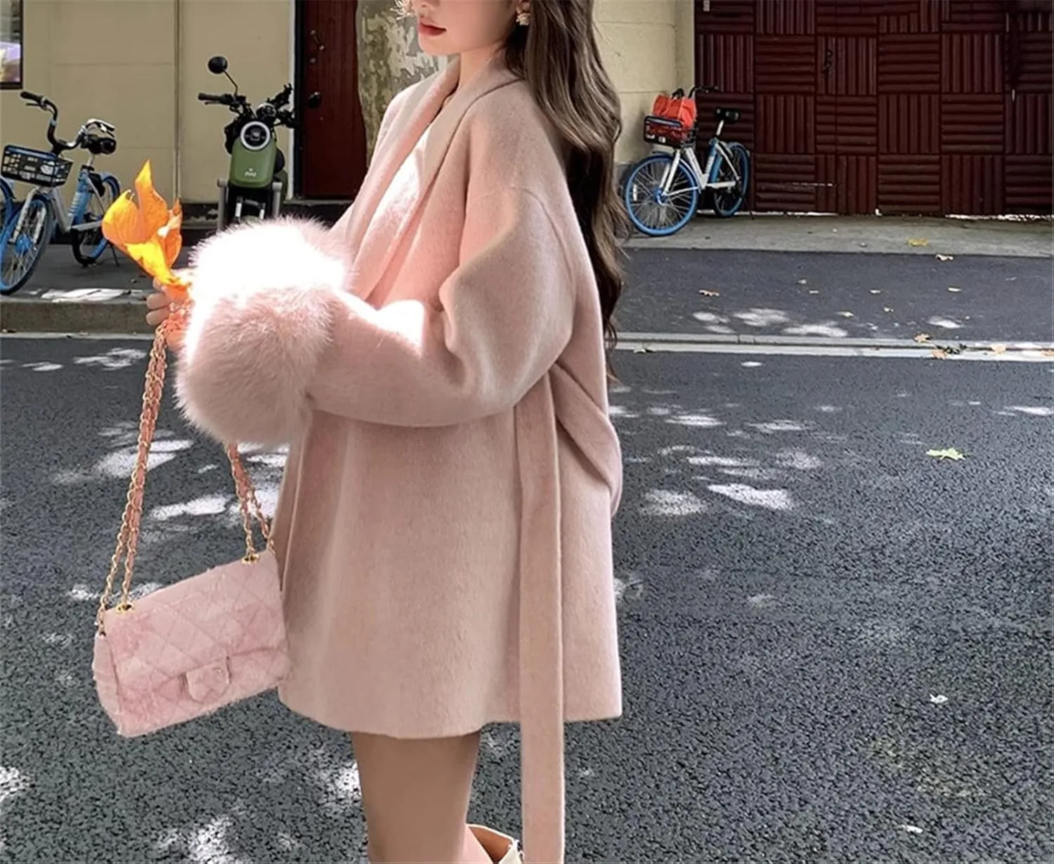 FURINFASHION D-34 Women's Cashmere Mid-Long Coat With Real Fox Fur Big Cuffs And Belt Comfortable Soft Wool Garment Jacket Double Sides Cashmere Fluffy Cape (L, Pink)