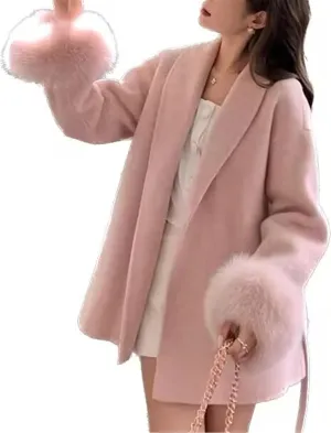 FURINFASHION D-34 Women's Cashmere Mid-Long Coat With Real Fox Fur Big Cuffs And Belt Comfortable Soft Wool Garment Jacket Double Sides Cashmere Fluffy Cape (L, Pink)