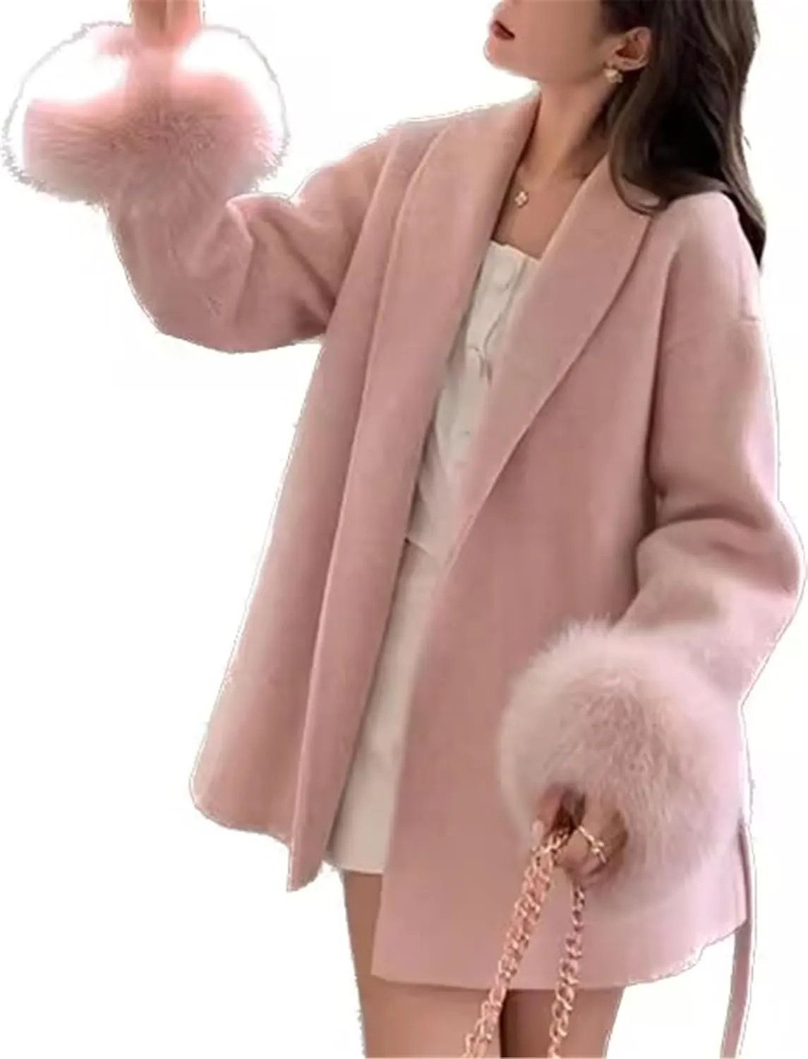 FURINFASHION D-34 Women's Cashmere Mid-Long Coat With Real Fox Fur Big Cuffs And Belt Comfortable Soft Wool Garment Jacket Double Sides Cashmere Fluffy Cape (L, Pink)