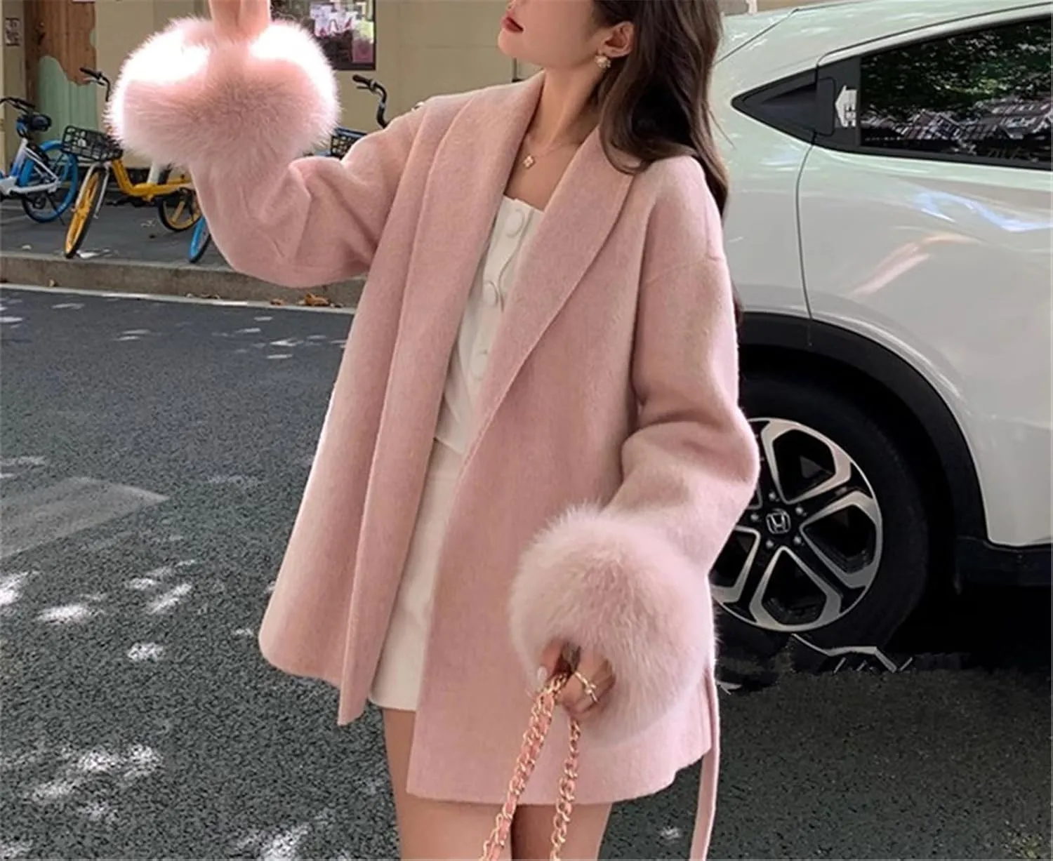 FURINFASHION D-34 Women's Cashmere Mid-Long Coat With Real Fox Fur Big Cuffs And Belt Comfortable Soft Wool Garment Jacket Double Sides Cashmere Fluffy Cape (L, Pink)