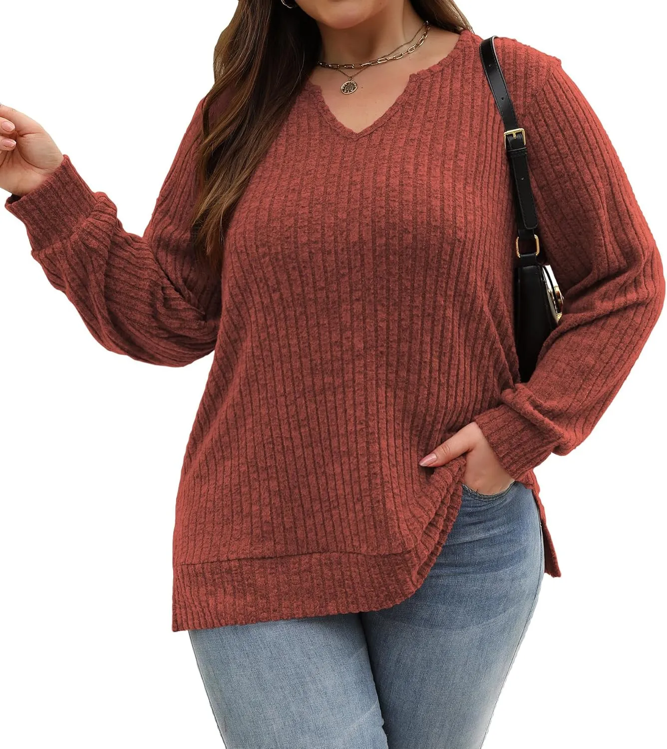 Gloria&Sarah Women's Casual Long Sleeve V Neck Lightweight Knitted Sweaters Loose Fit Plus Size Tunic Tops L-4XL