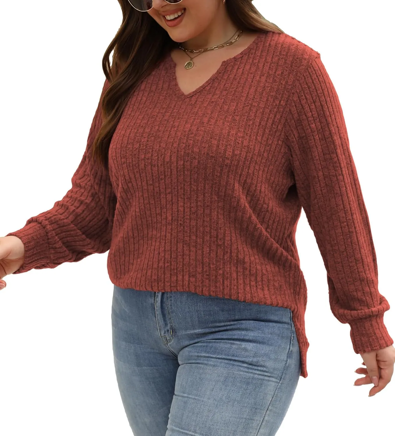 Gloria&Sarah Women's Casual Long Sleeve V Neck Lightweight Knitted Sweaters Loose Fit Plus Size Tunic Tops L-4XL