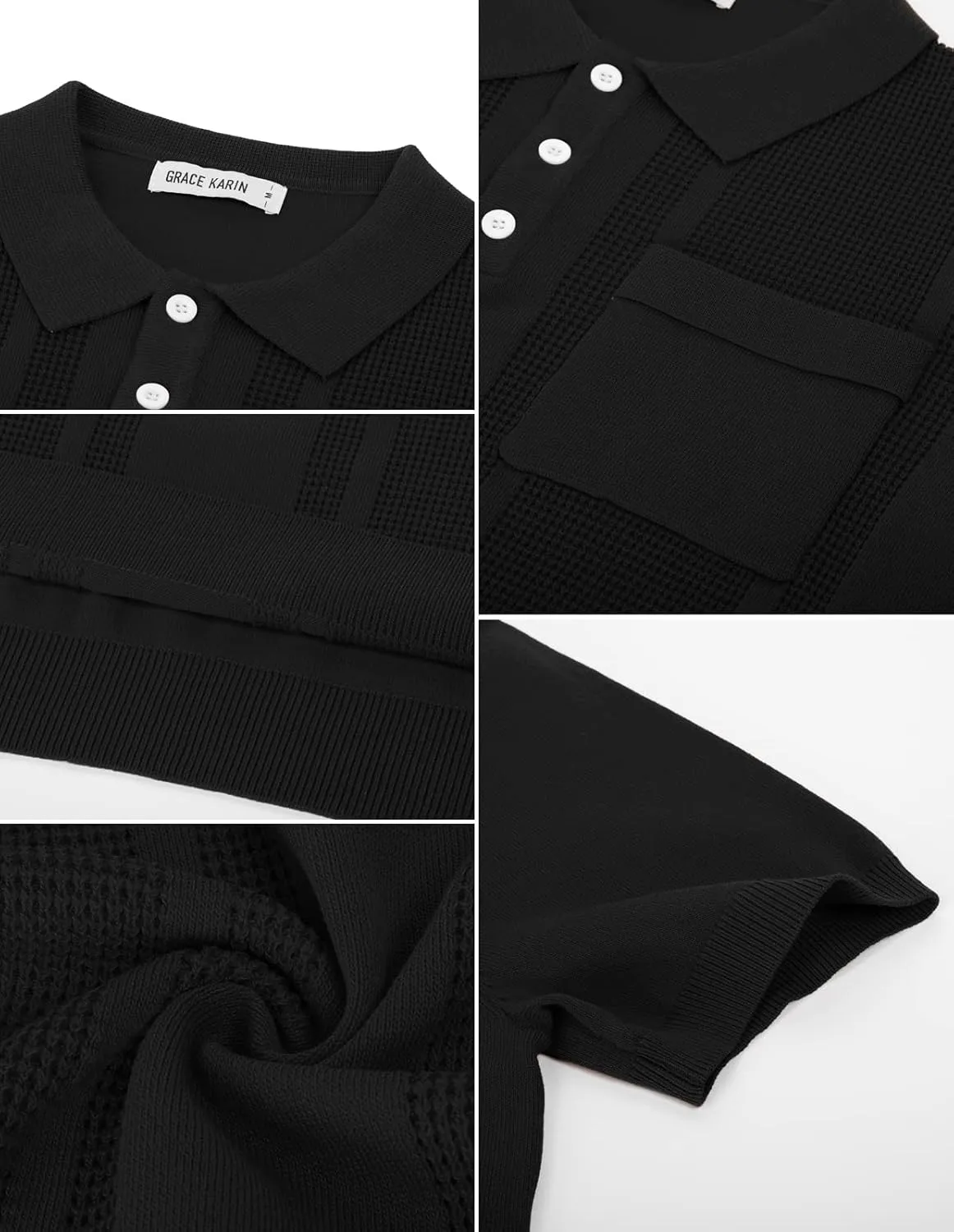 GRACE KARIN Men's Knit Polo Shirts Short Sleeve Texture Lightweight Golf Shirts Sweater
