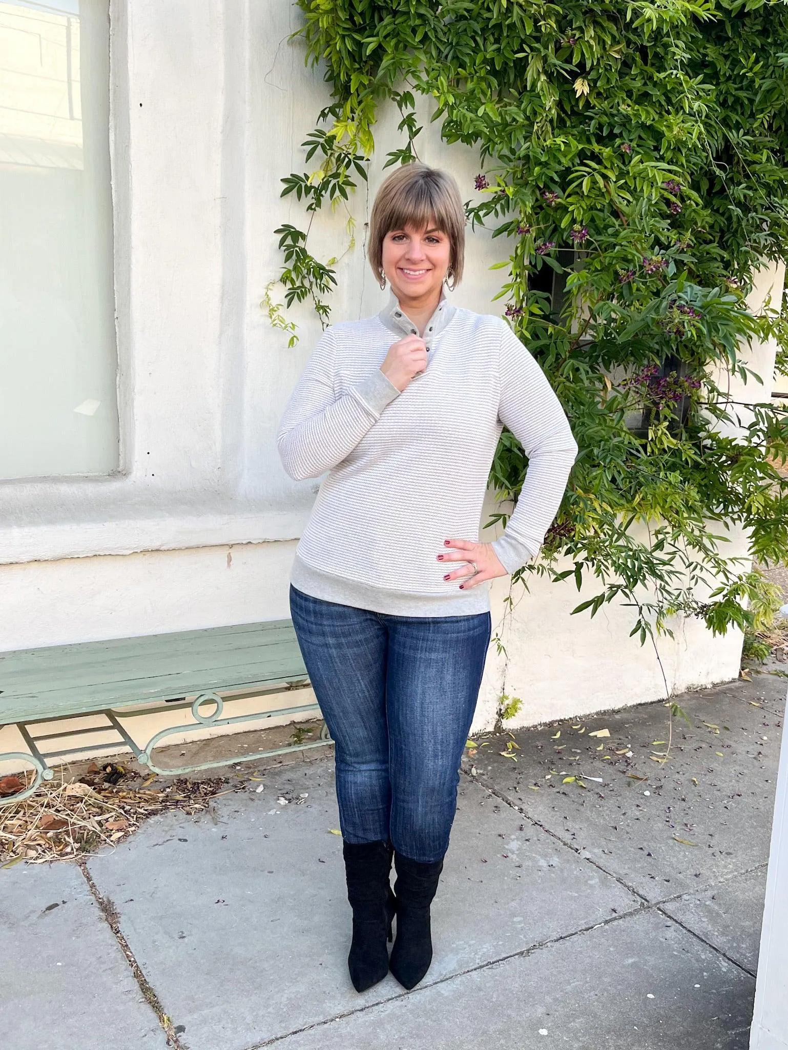 Grey Striped Button Neck Pullover
