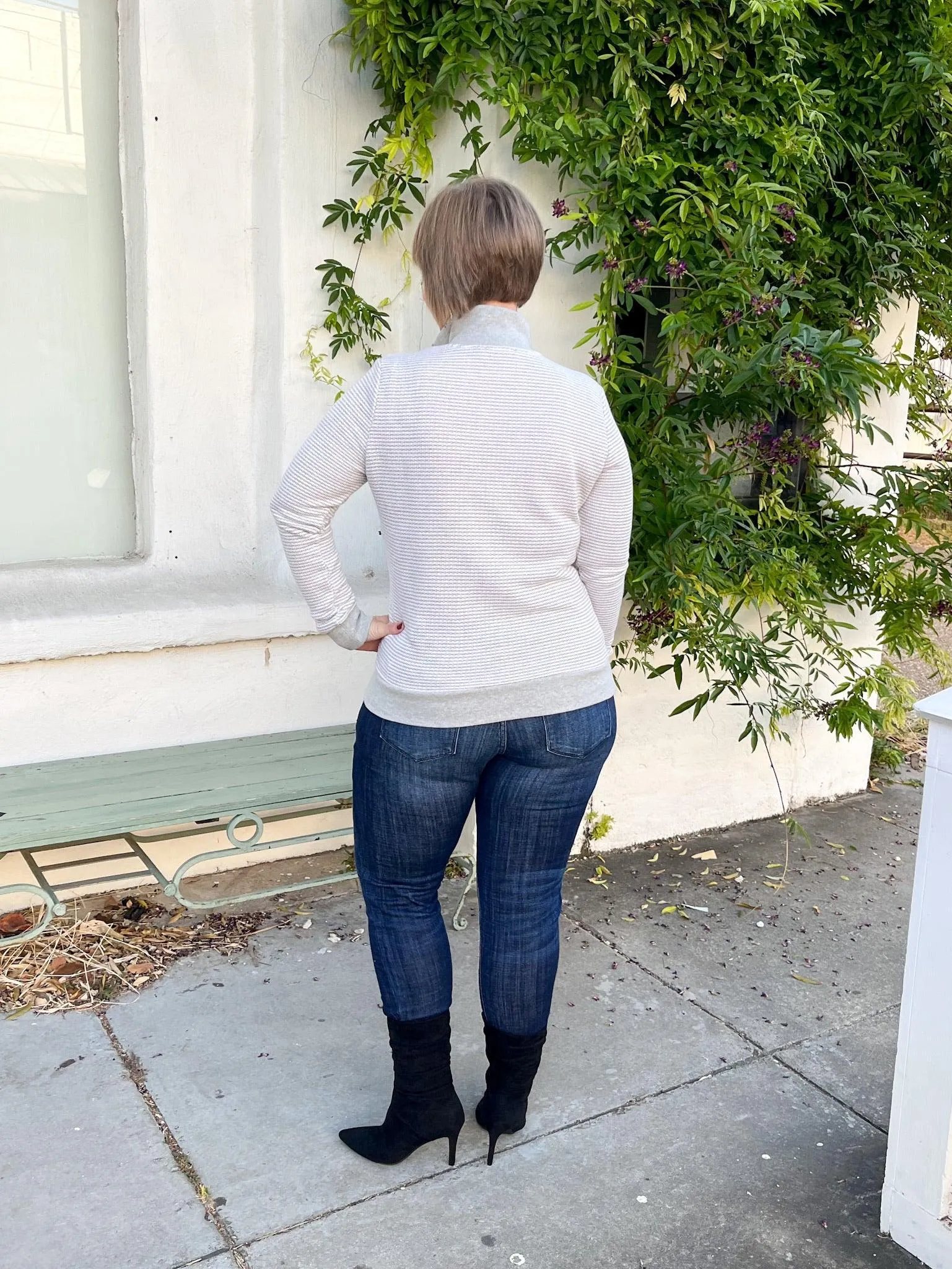 Grey Striped Button Neck Pullover