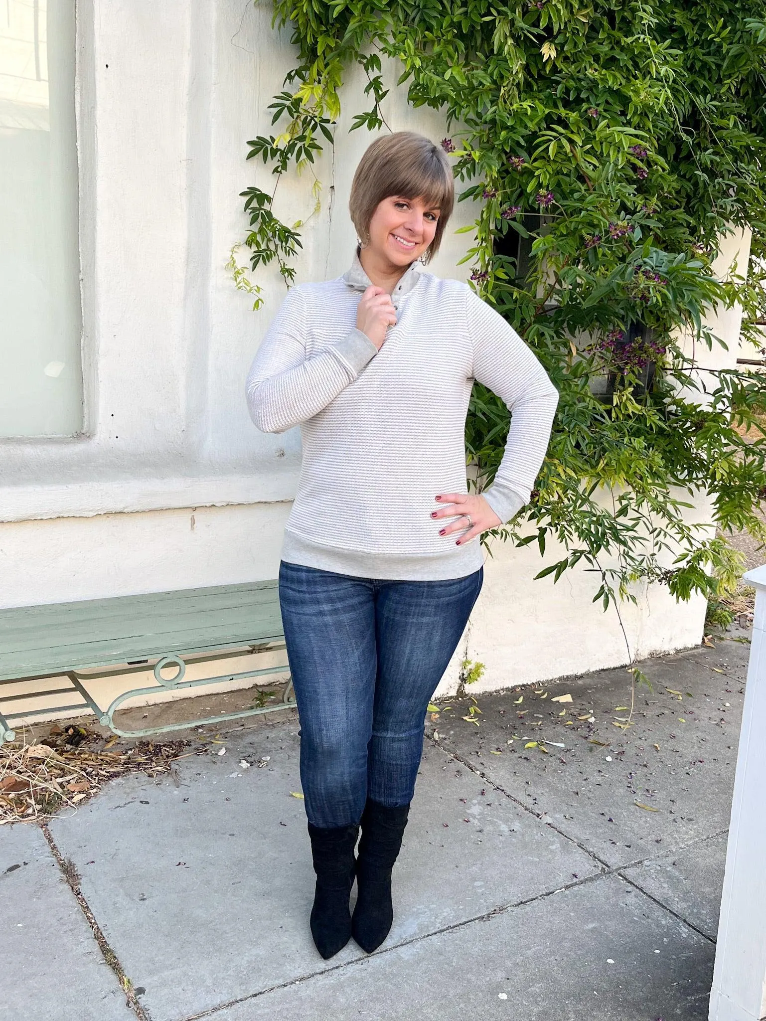 Grey Striped Button Neck Pullover