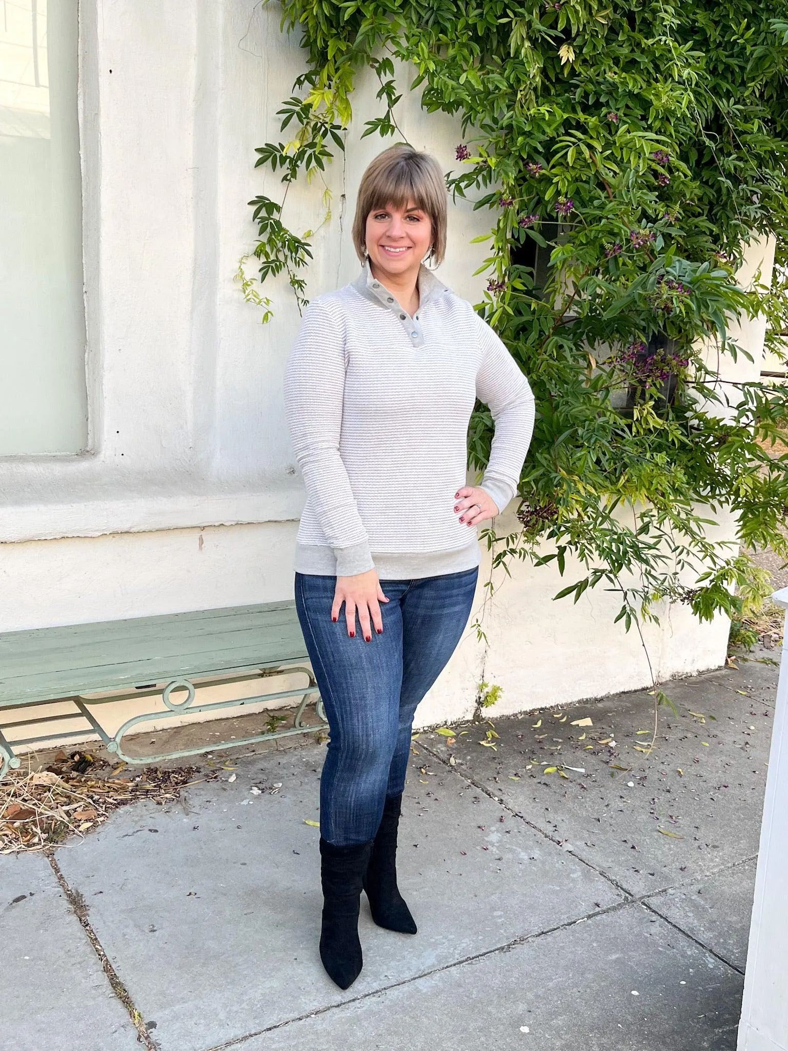 Grey Striped Button Neck Pullover