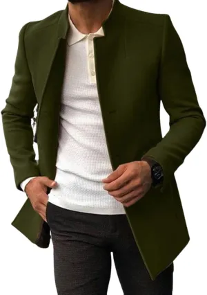 Kinkia Mens Wool Blend Pea Coat Winter Classic Slim Fit Single Breasted Mid Long Business Trenchcoat Overcoat