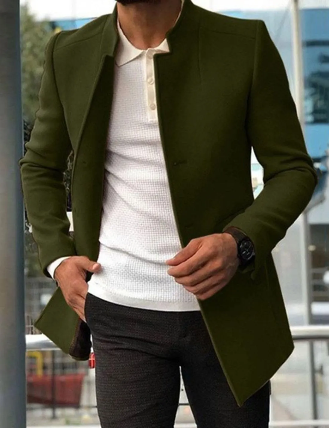 Kinkia Mens Wool Blend Pea Coat Winter Classic Slim Fit Single Breasted Mid Long Business Trenchcoat Overcoat